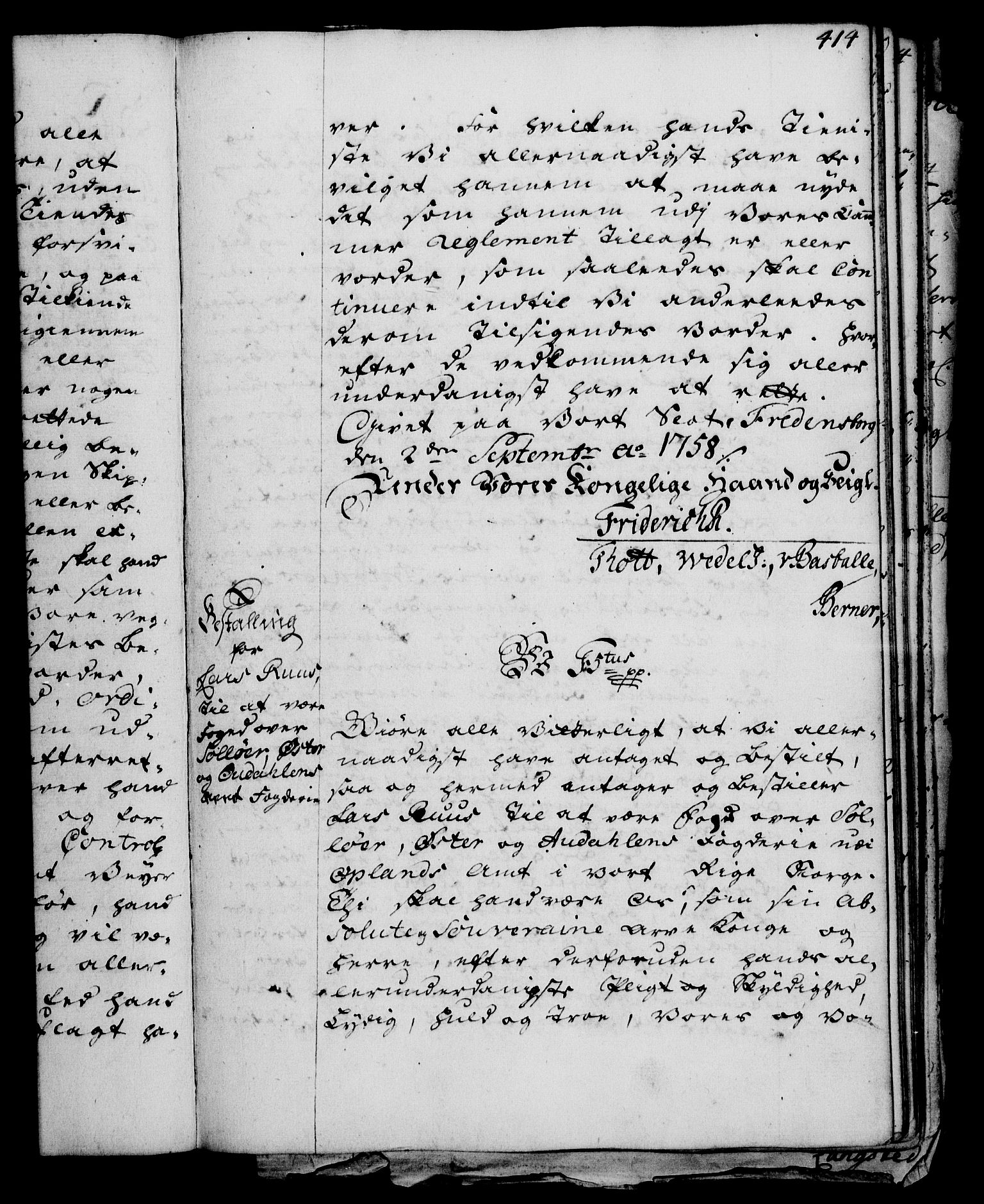 Rentekammeret, Kammerkanselliet, RA/EA-3111/G/Gg/Gge/L0003: Norsk bestallingsprotokoll med register (merket RK 53.27), 1745-1761, p. 414