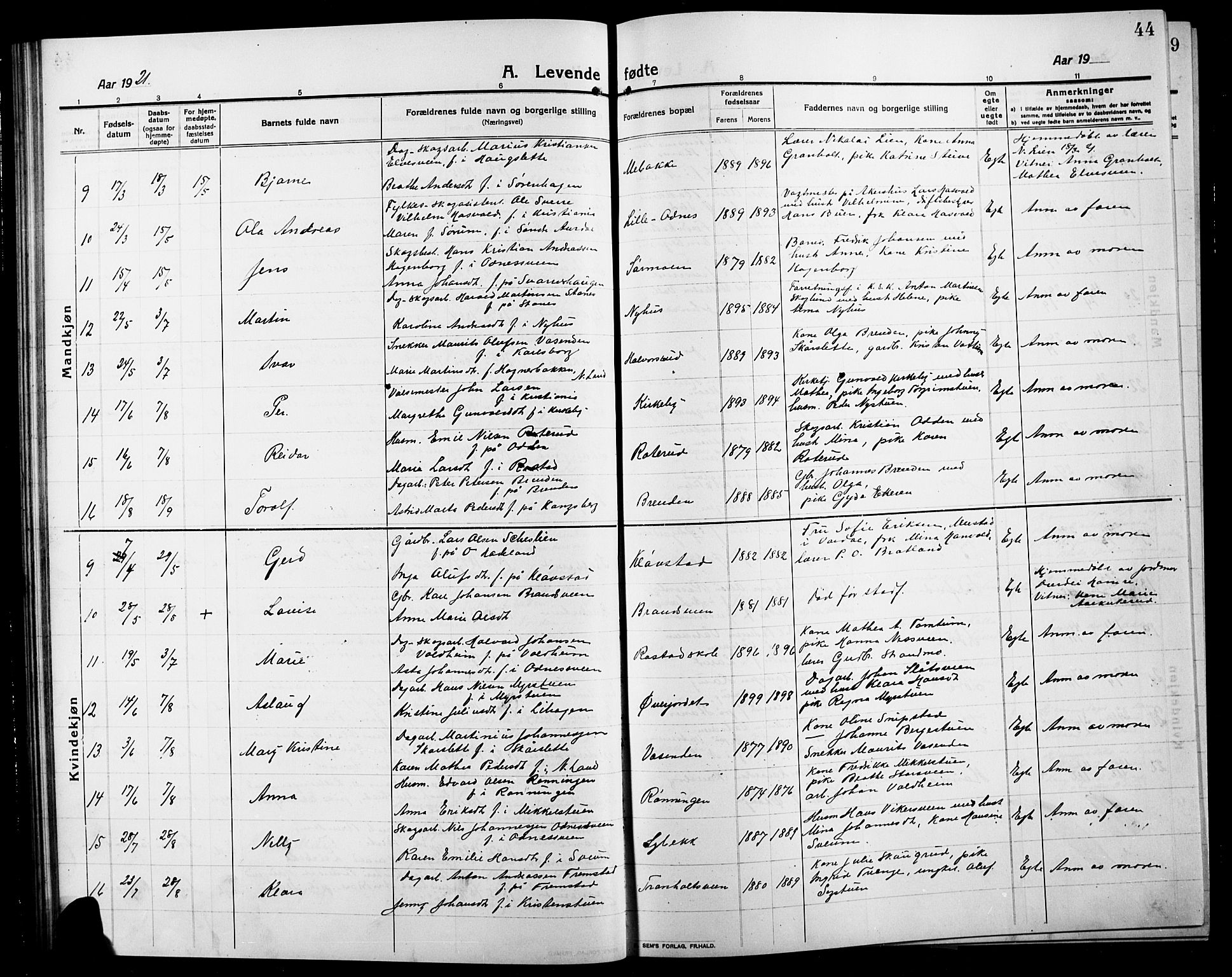 Søndre Land prestekontor, AV/SAH-PREST-122/L/L0006: Parish register (copy) no. 6, 1912-1925, p. 44