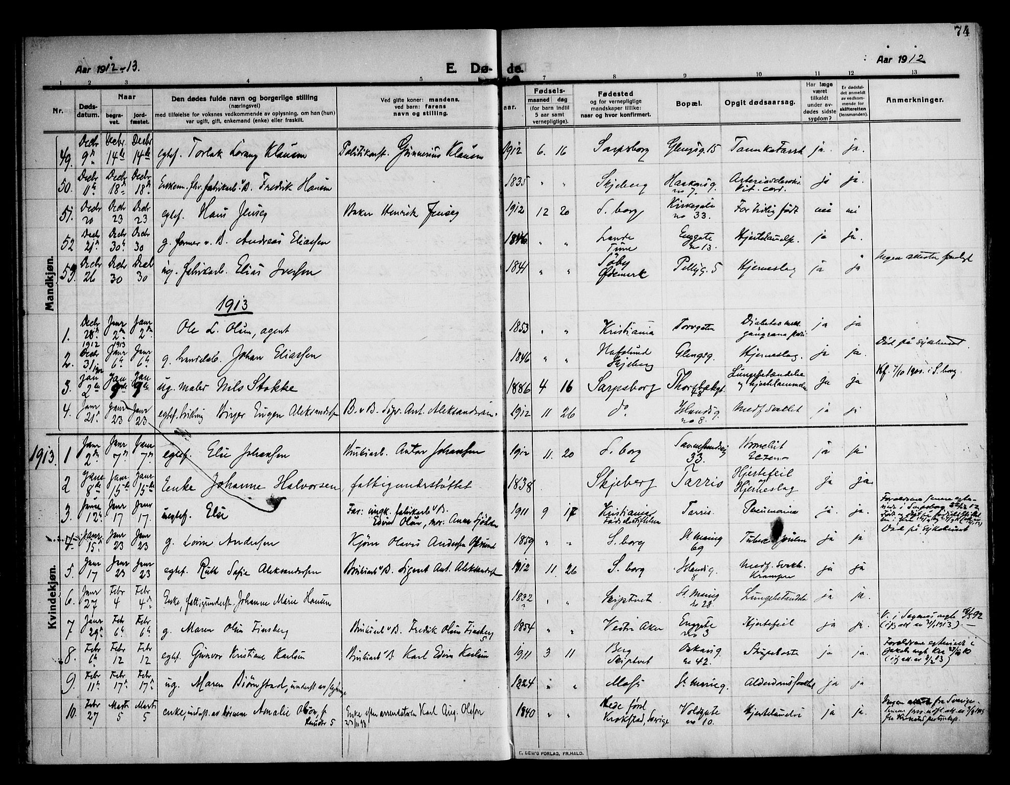 Sarpsborg prestekontor Kirkebøker, AV/SAO-A-2006/F/Fa/L0007: Parish register (official) no. 7, 1910-1918, p. 74