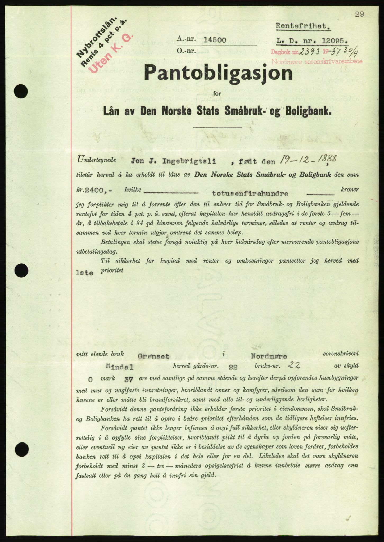 Nordmøre sorenskriveri, AV/SAT-A-4132/1/2/2Ca/L0092: Mortgage book no. B82, 1937-1938, Diary no: : 2393/1937