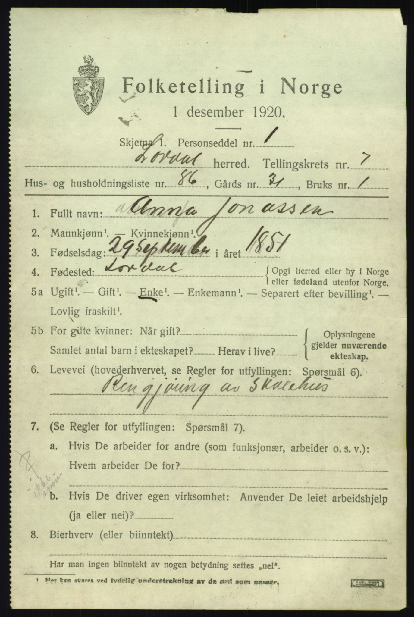 SAB, 1920 census for Lærdal, 1920, p. 3946