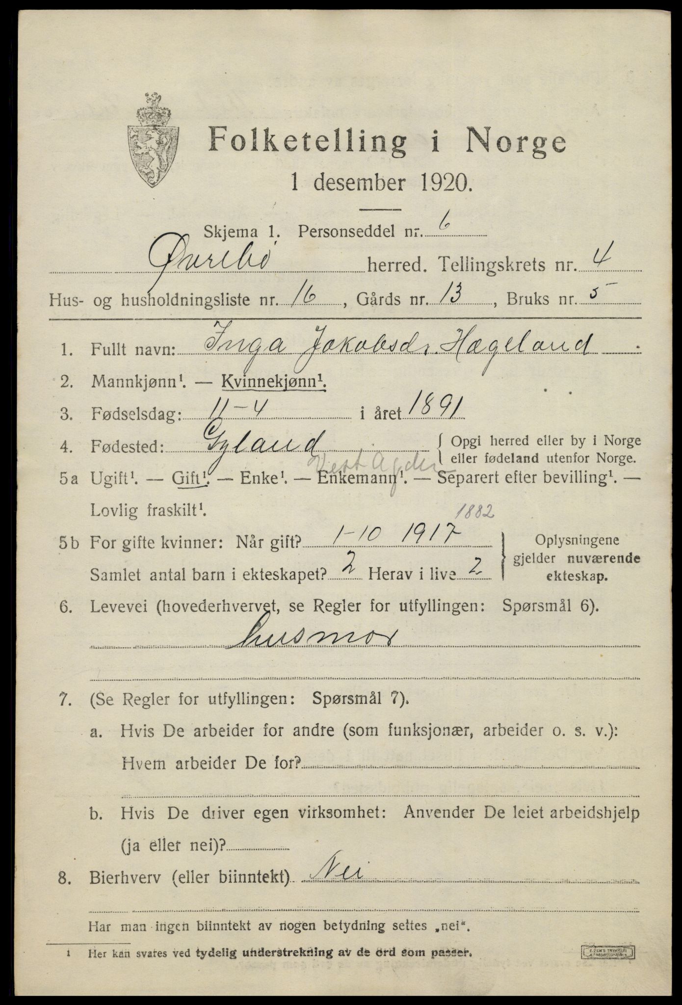 SAK, 1920 census for Øvrebø, 1920, p. 960