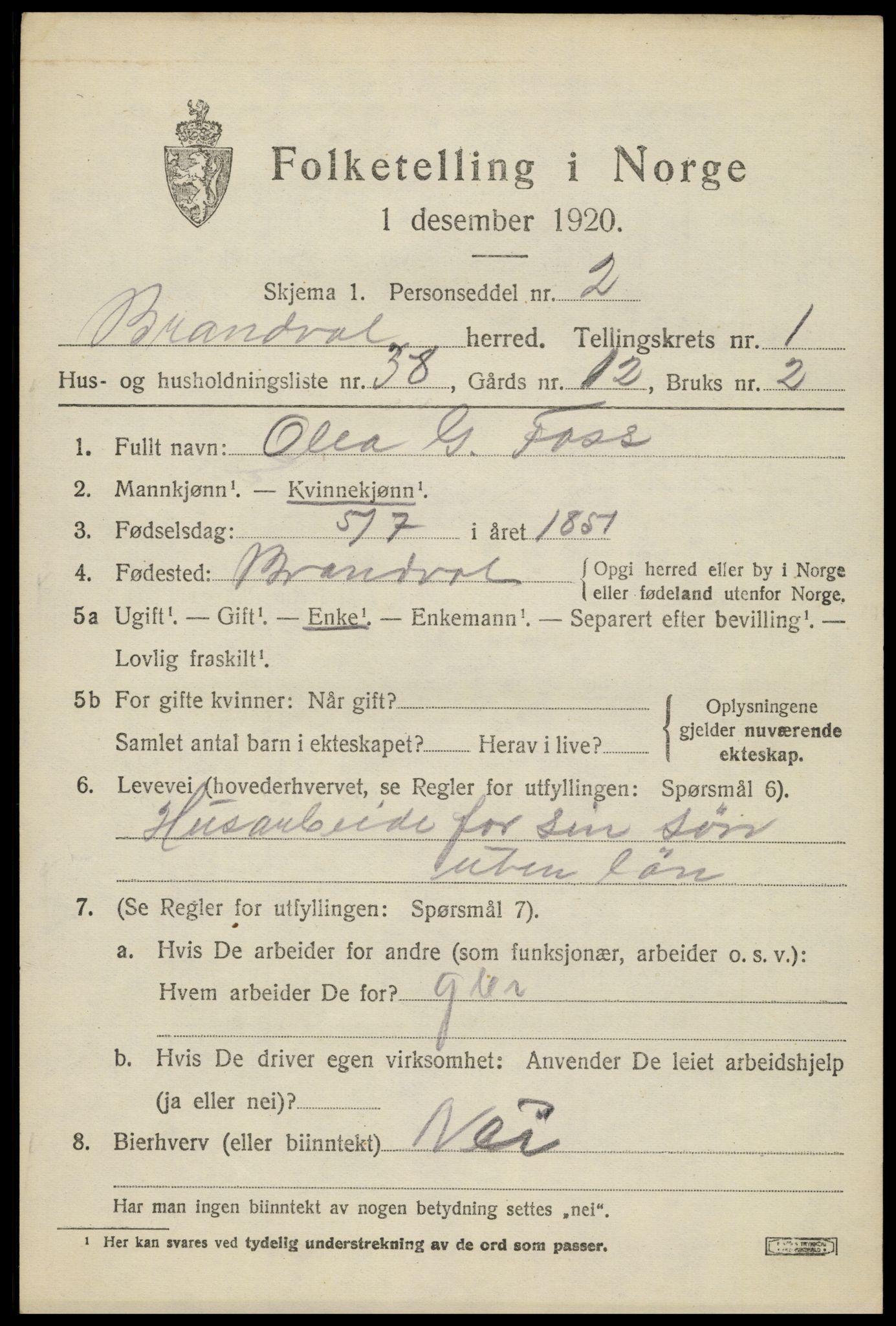 SAH, 1920 census for Brandval, 1920, p. 2006