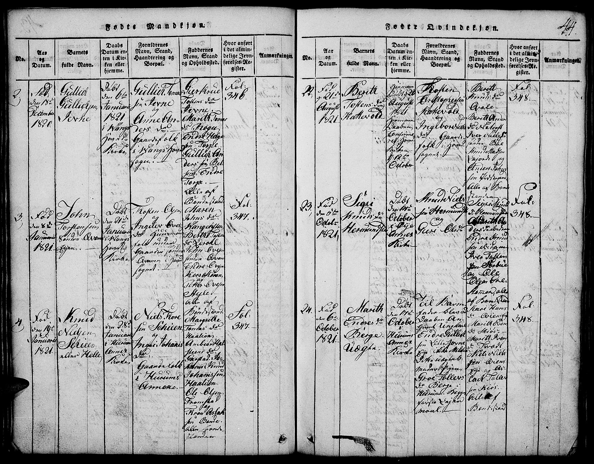 Vang prestekontor, Valdres, AV/SAH-PREST-140/H/Hb/L0002: Parish register (copy) no. 2, 1814-1889, p. 44