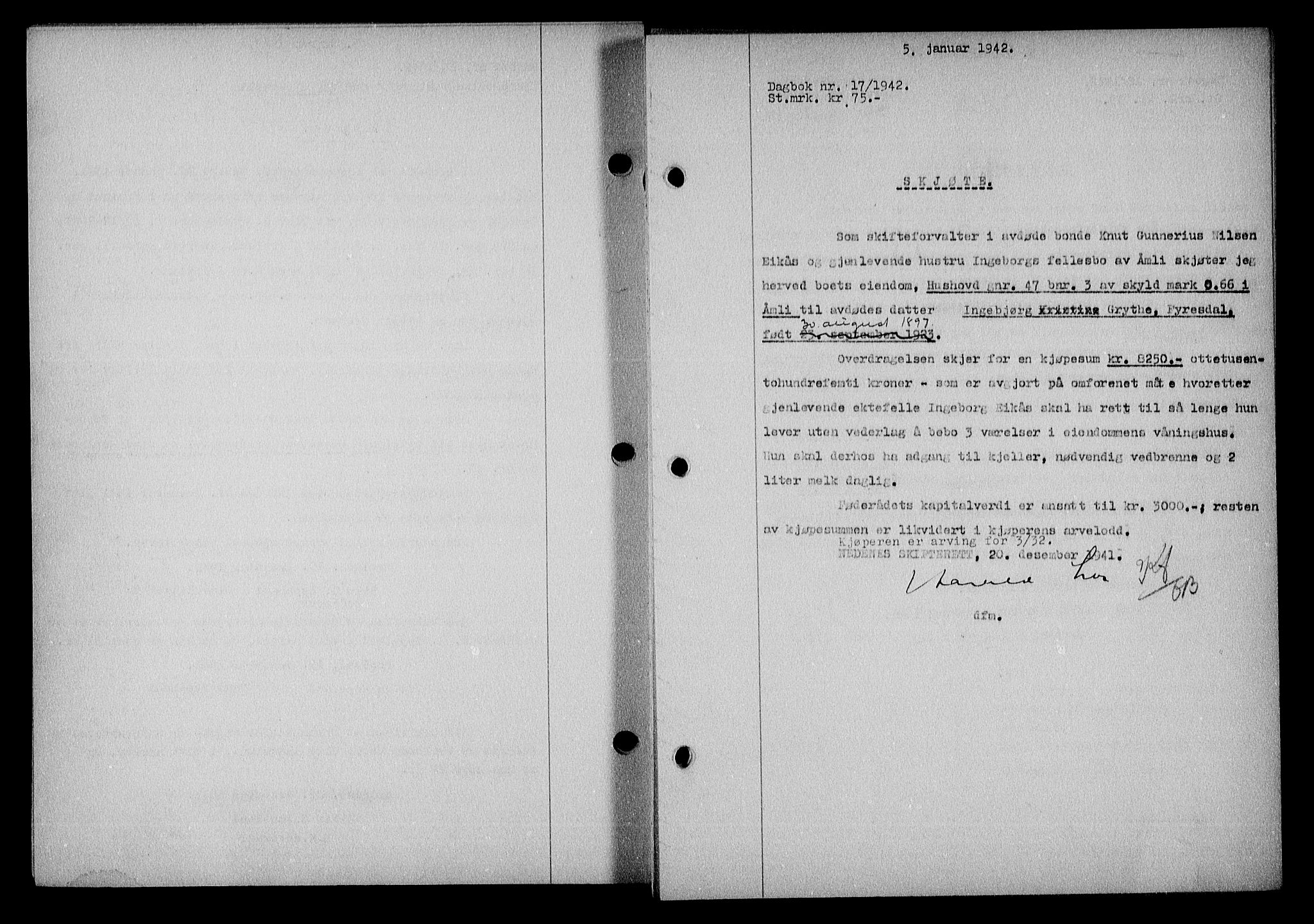 Nedenes sorenskriveri, AV/SAK-1221-0006/G/Gb/Gba/L0049: Mortgage book no. A-III, 1941-1942, Diary no: : 17/1942