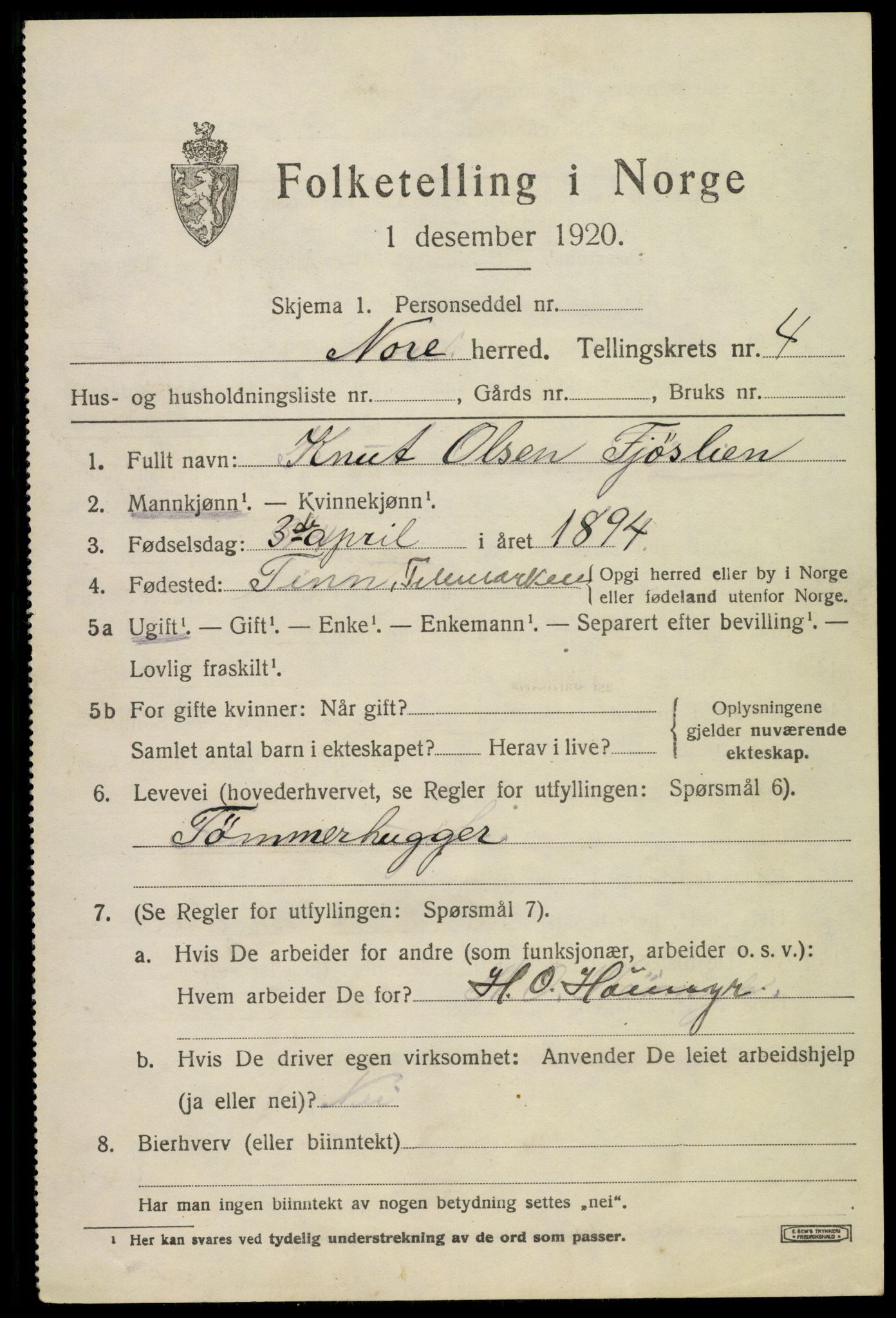 SAKO, 1920 census for Nore, 1920, p. 2206