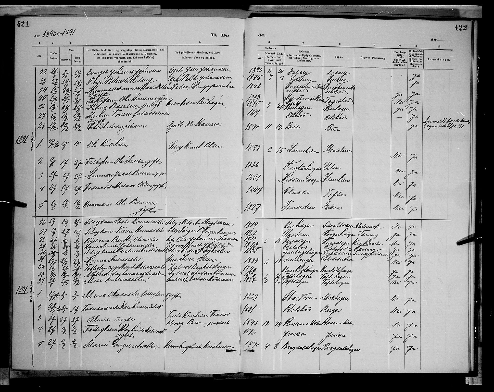 Sør-Fron prestekontor, SAH/PREST-010/H/Ha/Hab/L0003: Parish register (copy) no. 3, 1884-1896, p. 421-422