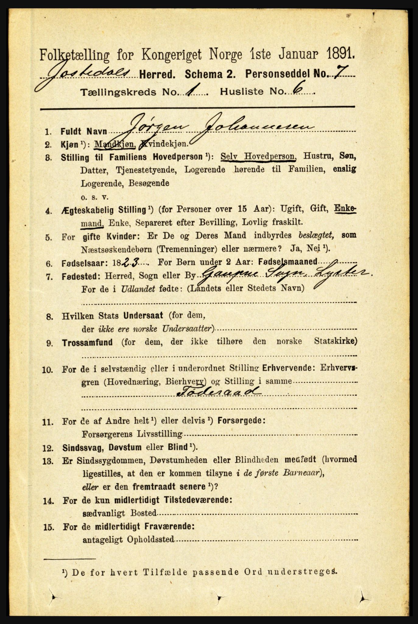 RA, 1891 census for 1427 Jostedal, 1891, p. 114