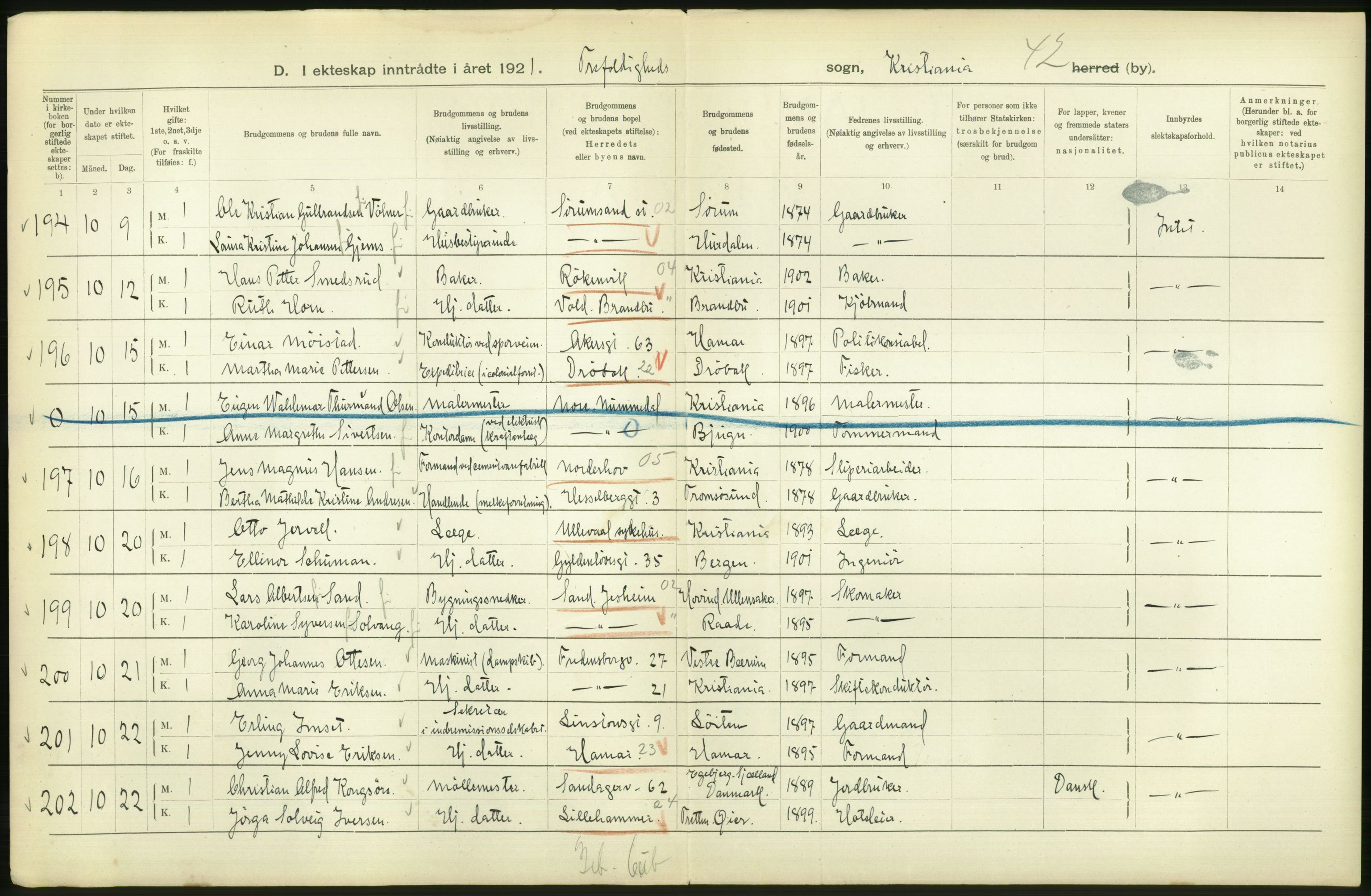 Statistisk sentralbyrå, Sosiodemografiske emner, Befolkning, AV/RA-S-2228/D/Df/Dfc/Dfca/L0011: Kristiania: Gifte, 1921, p. 48