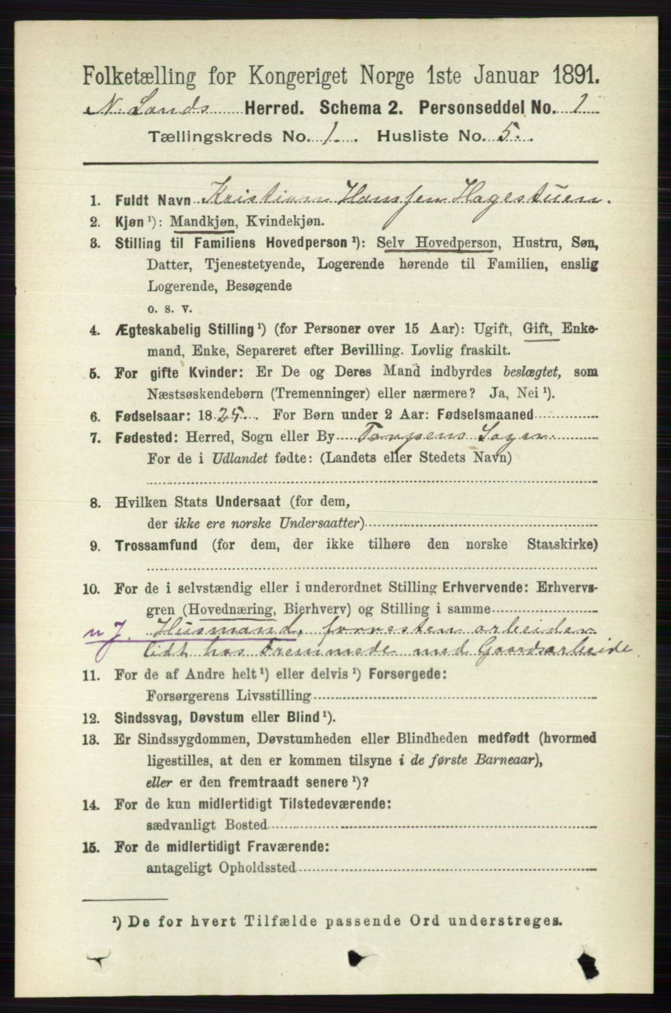 RA, 1891 census for 0538 Nordre Land, 1891, p. 144