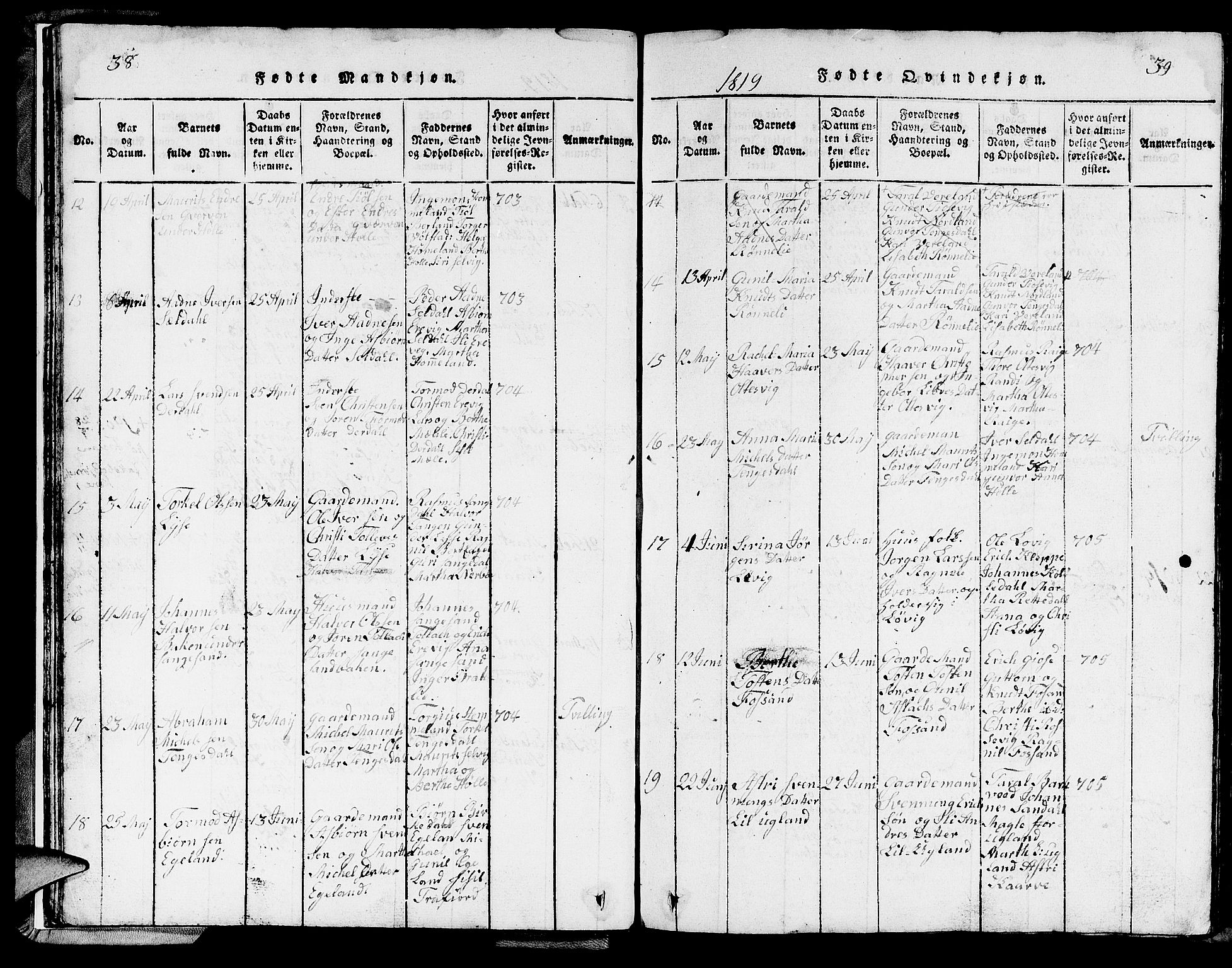 Strand sokneprestkontor, AV/SAST-A-101828/H/Ha/Hab/L0002: Parish register (copy) no. B 2, 1816-1854, p. 38-39