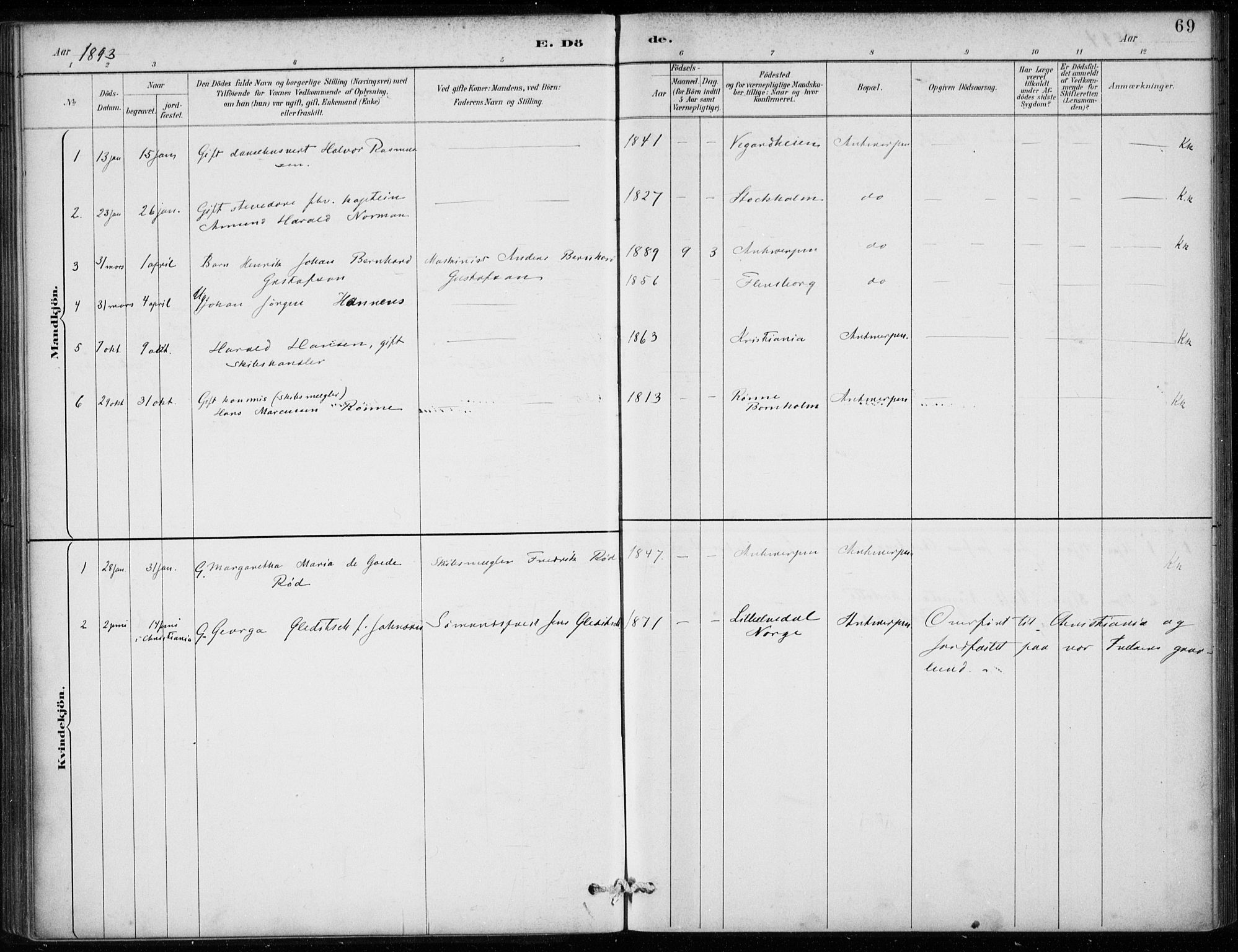 Den norske sjømannsmisjon i utlandet/Antwerpen, SAB/SAB/PA-0105/H/Ha/L0002: Parish register (official) no. A 2, 1887-1913, p. 69