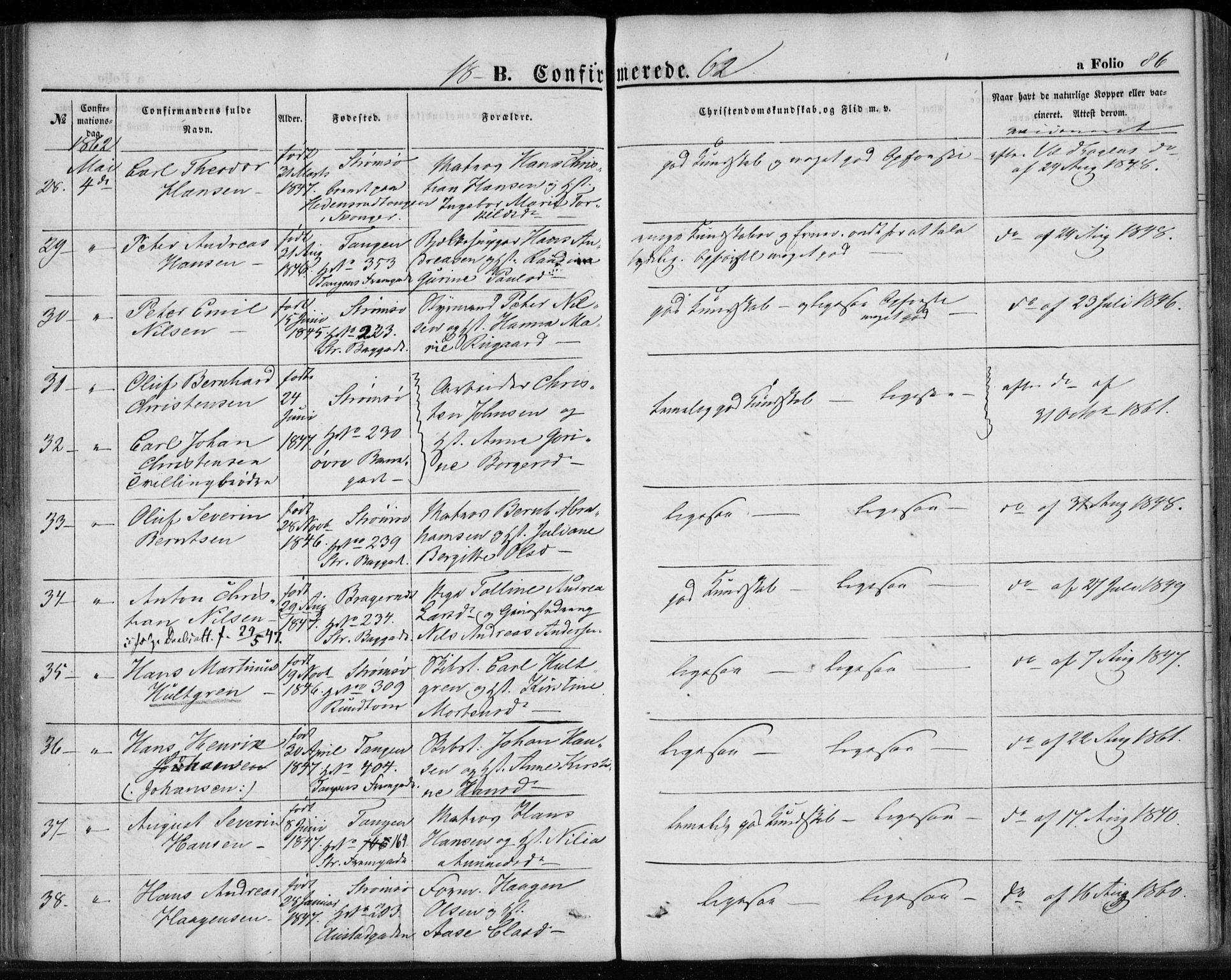 Strømsø kirkebøker, AV/SAKO-A-246/F/Fa/L0017: Parish register (official) no. I 17, 1848-1865, p. 86