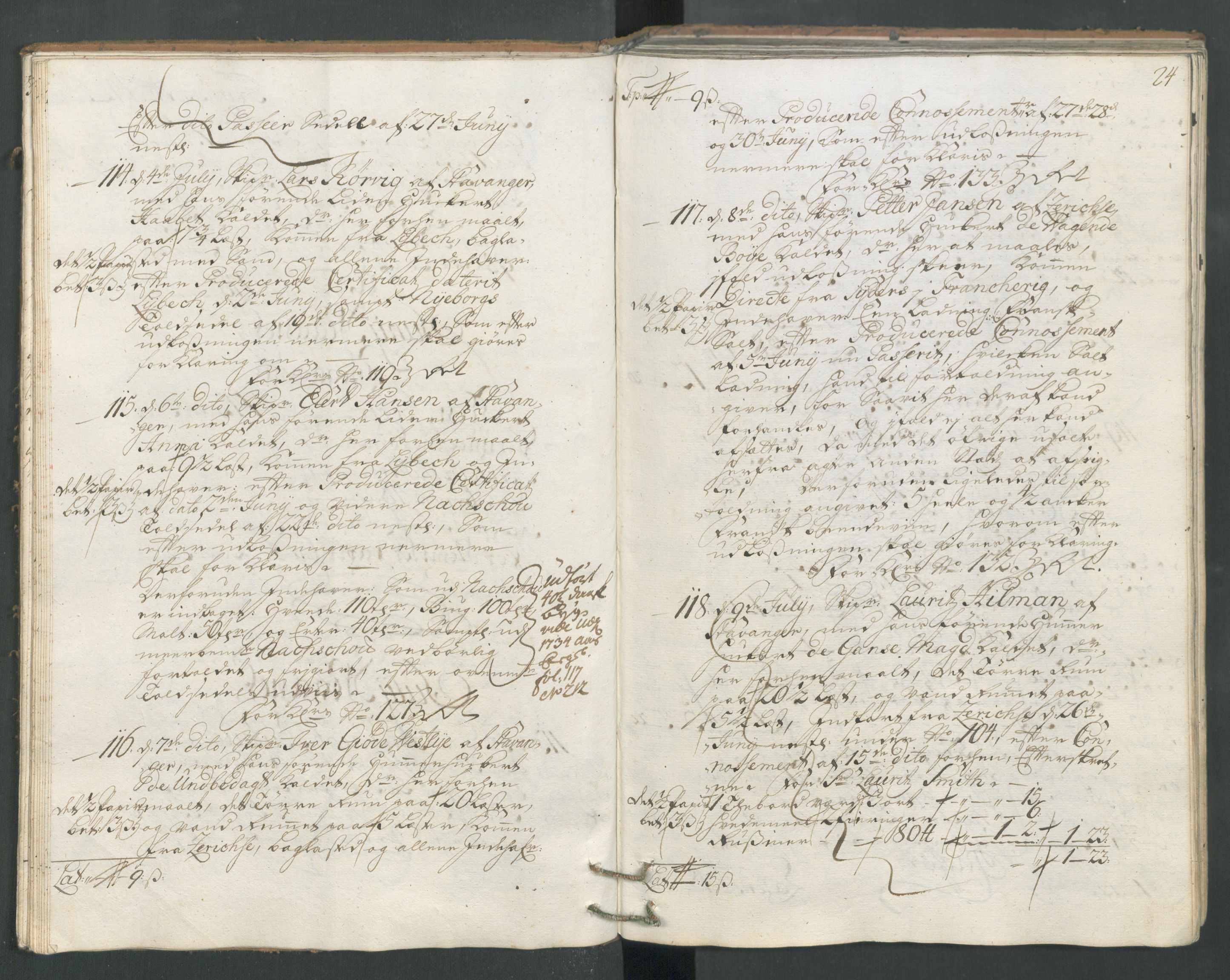 Generaltollkammeret, tollregnskaper, AV/RA-EA-5490/R22/L0012/0001: Tollregnskaper Stavanger / Hovedtollbok, 1733, p. 23b-24a