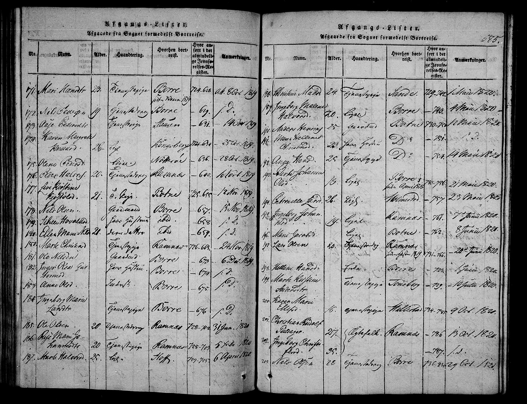 Våle kirkebøker, AV/SAKO-A-334/F/Fa/L0007: Parish register (official) no. I 7, 1814-1824, p. 584-585