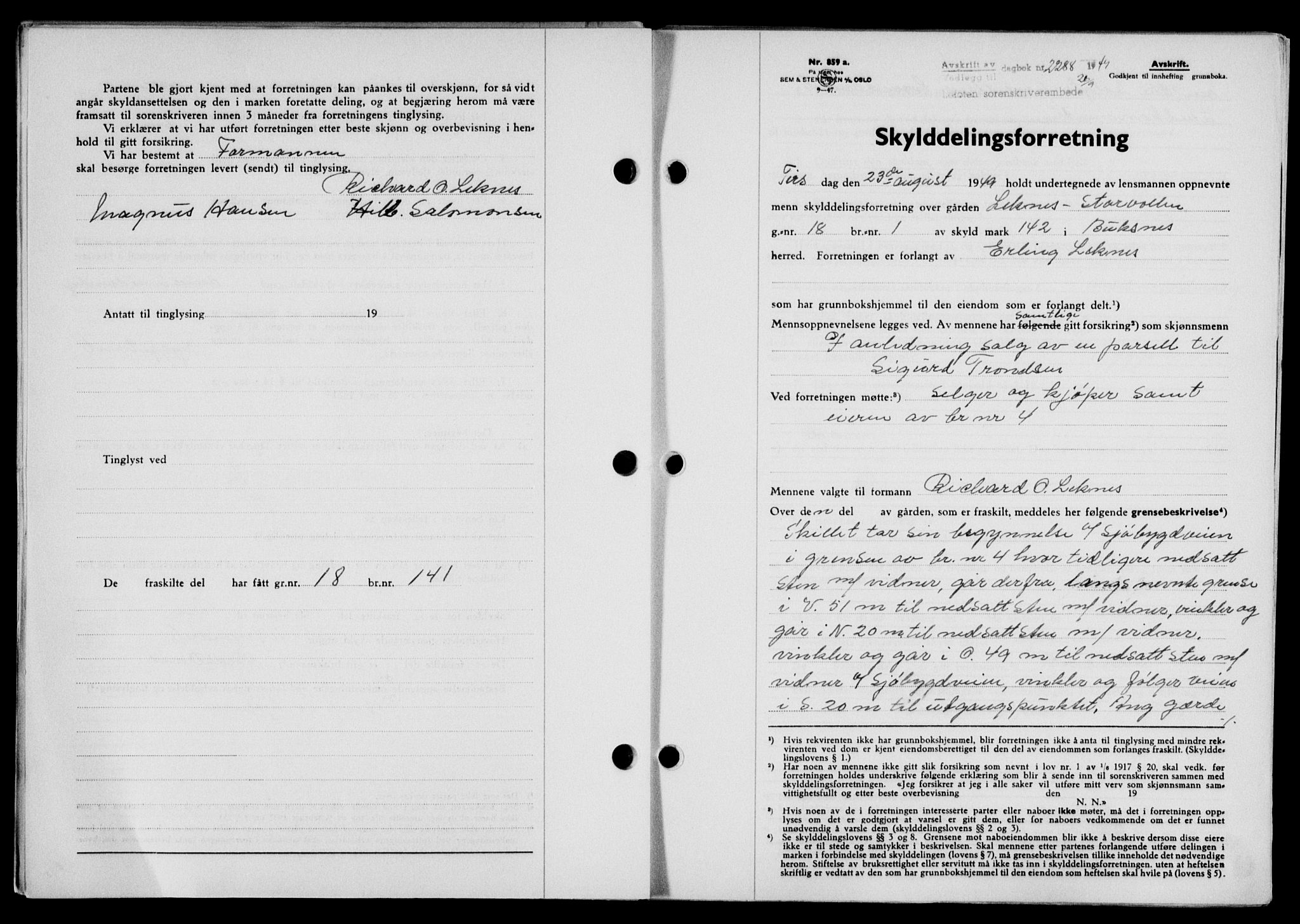Lofoten sorenskriveri, SAT/A-0017/1/2/2C/L0021a: Mortgage book no. 21a, 1949-1949, Diary no: : 2288/1949