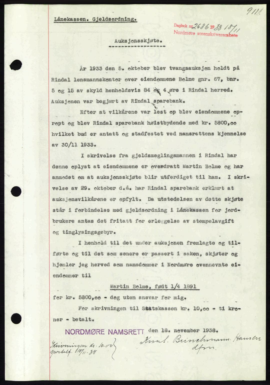 Nordmøre sorenskriveri, AV/SAT-A-4132/1/2/2Ca: Mortgage book no. A84, 1938-1938, Diary no: : 2686/1938