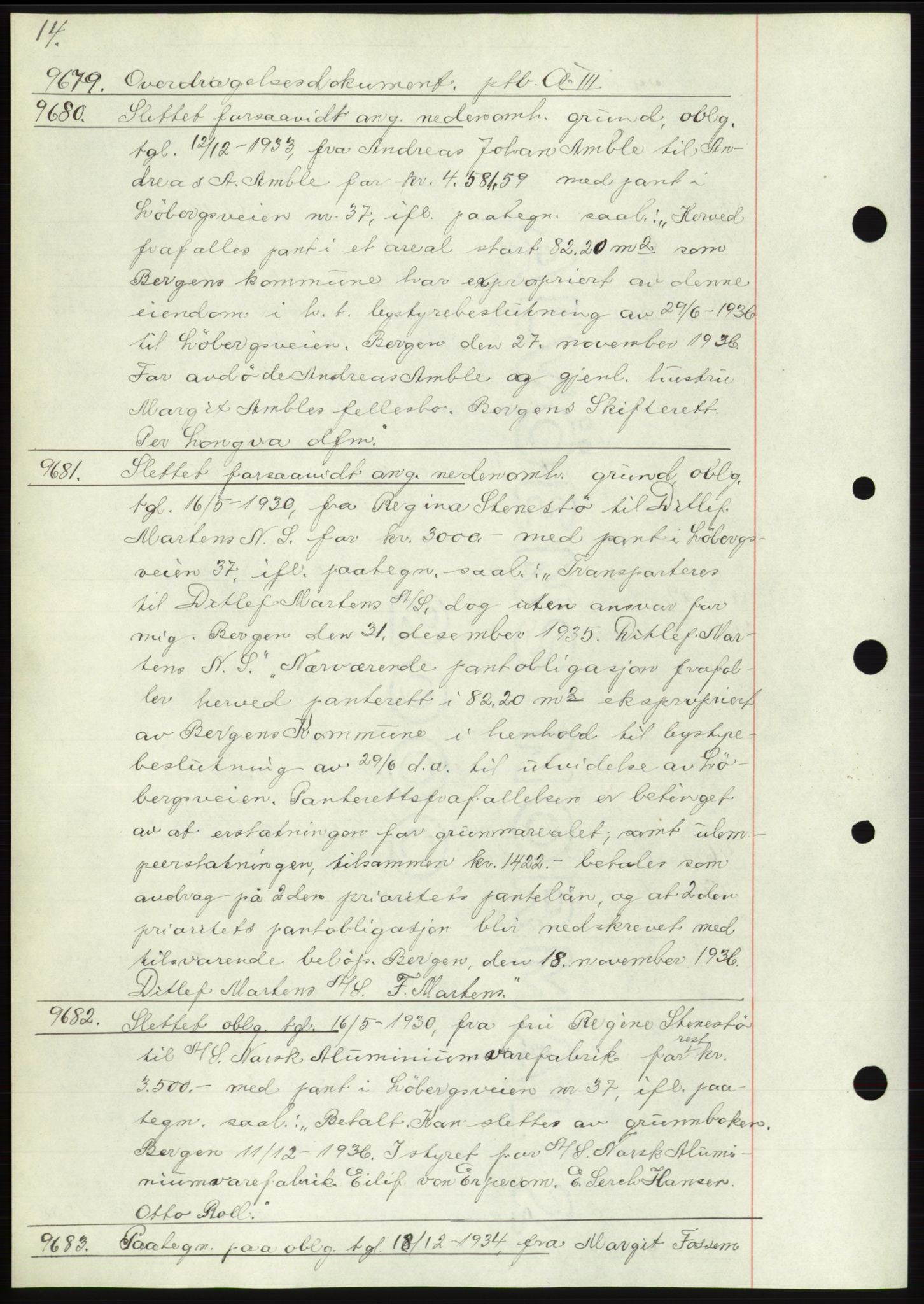 Byfogd og Byskriver i Bergen, AV/SAB-A-3401/03: Mortgage book no. C 3, 1936-1937, Diary no: : 9679/1936
