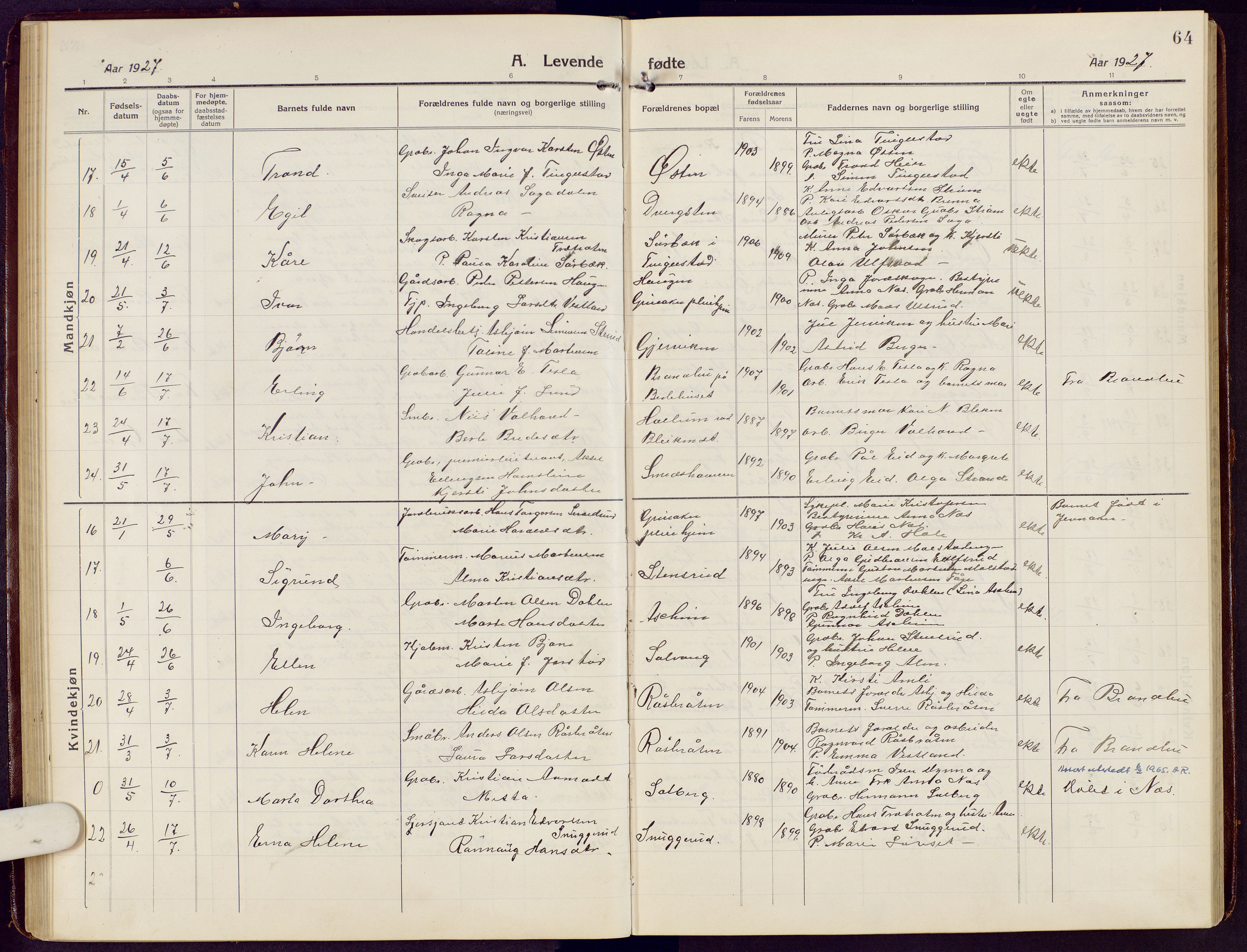 Brandbu prestekontor, SAH/PREST-114/H/Ha/Hab/L0010: Parish register (copy) no. 10, 1916-1930, p. 64