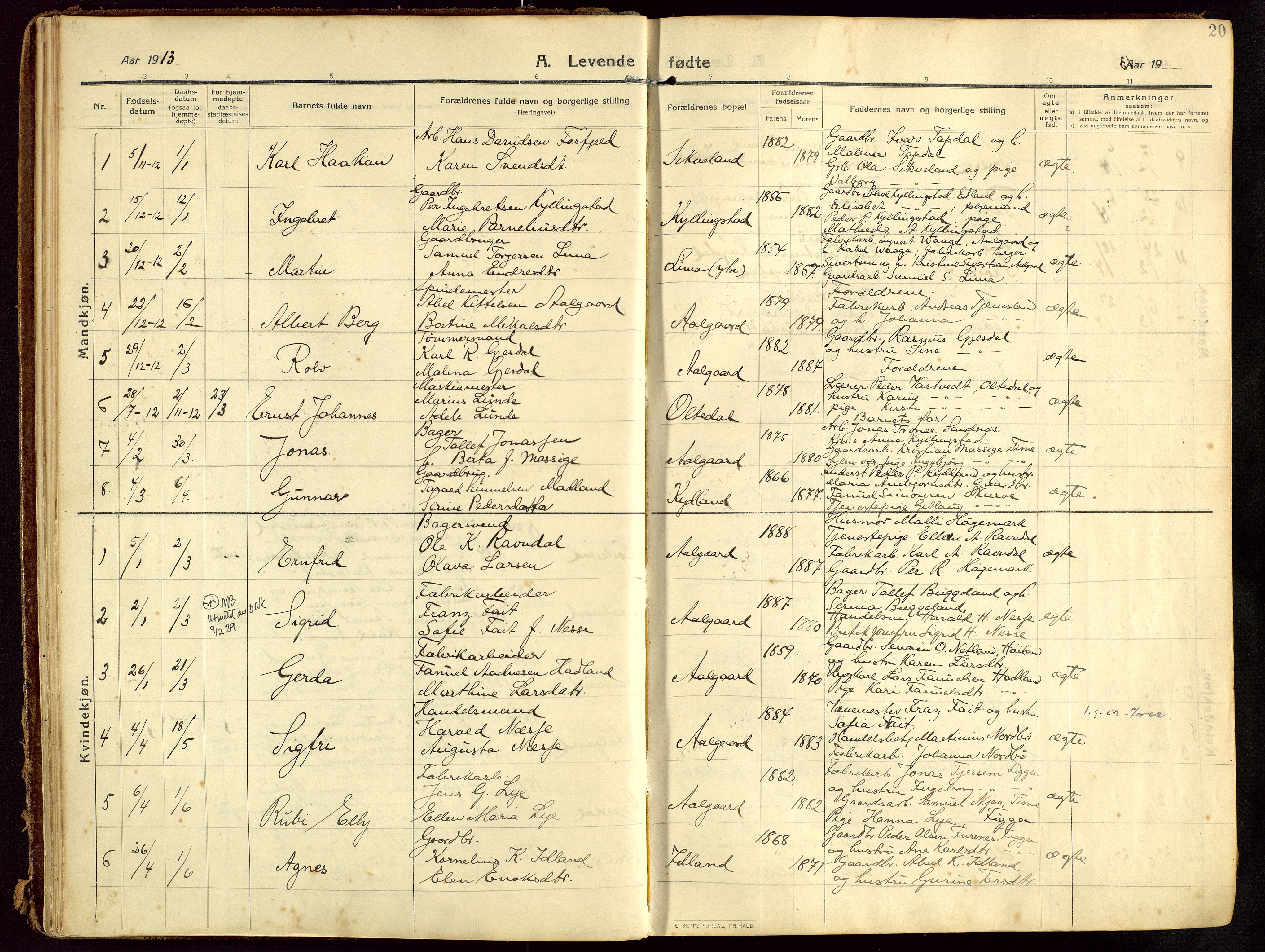 Lye sokneprestkontor, SAST/A-101794/002/B/L0001: Parish register (official) no. A 13, 1910-1925, p. 20