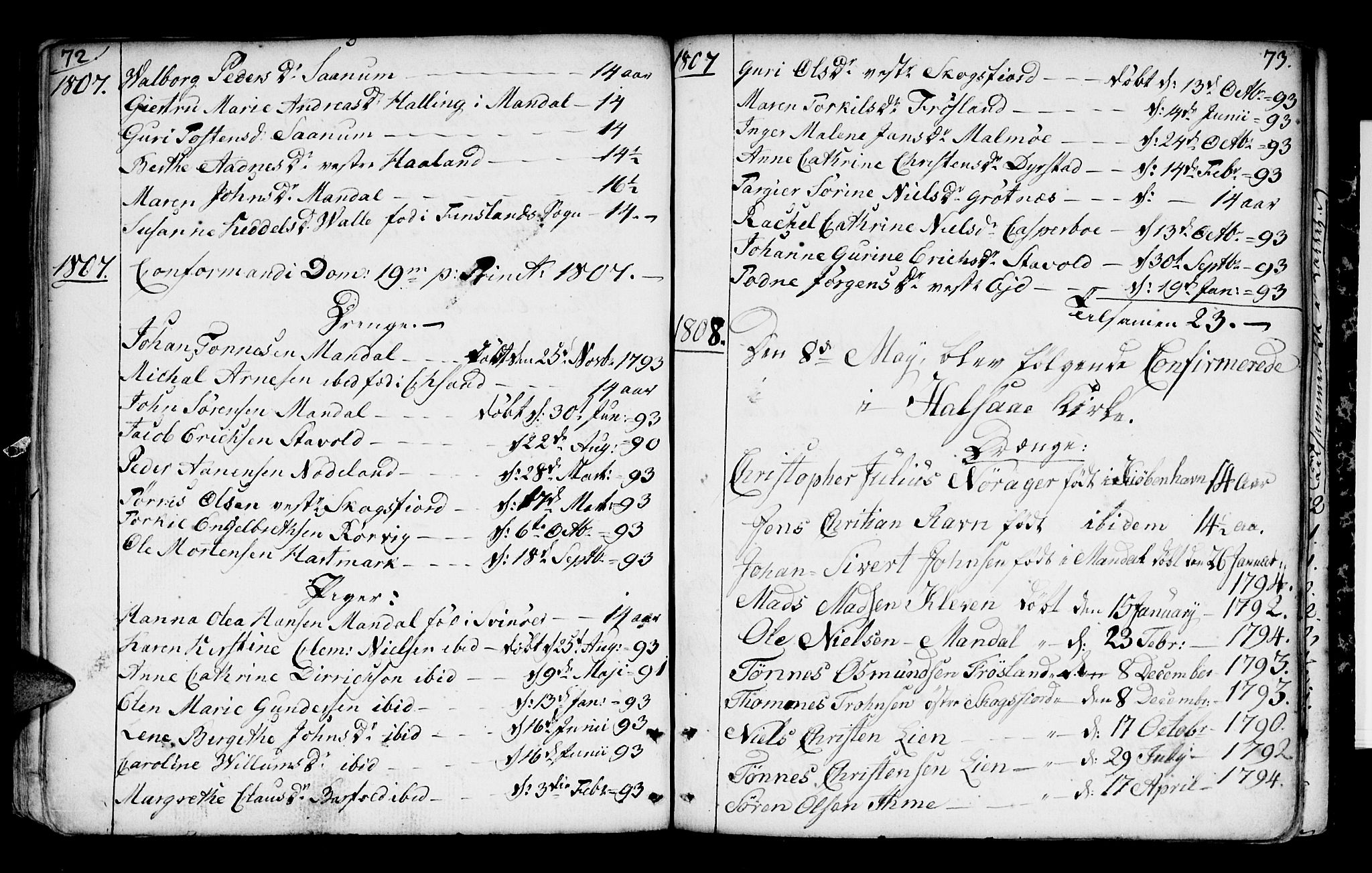 Mandal sokneprestkontor, SAK/1111-0030/F/Fa/Faa/L0004: Parish register (official) no. A 4, 1745-1817, p. 72-73