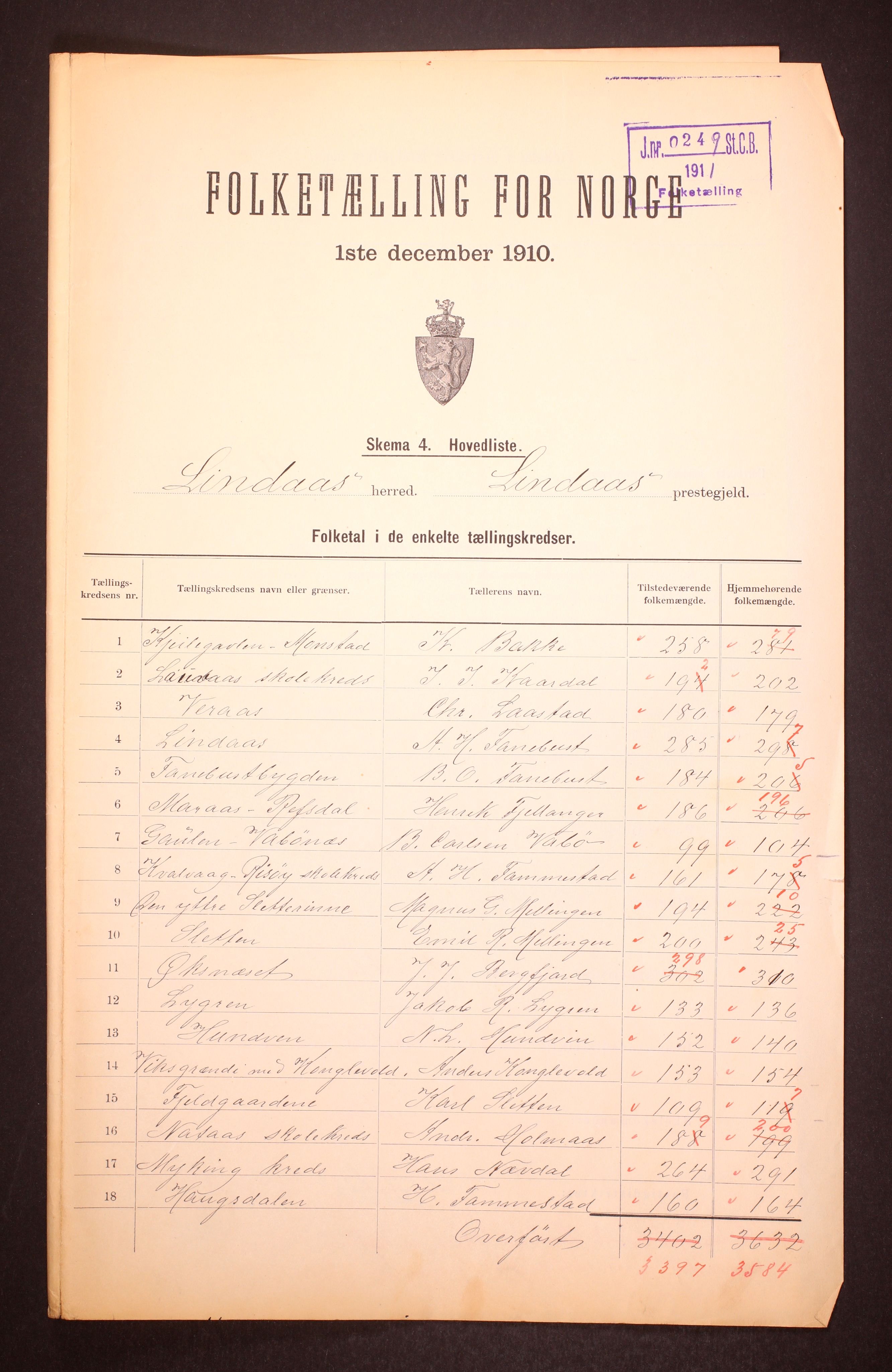 RA, 1910 census for Lindås, 1910, p. 2