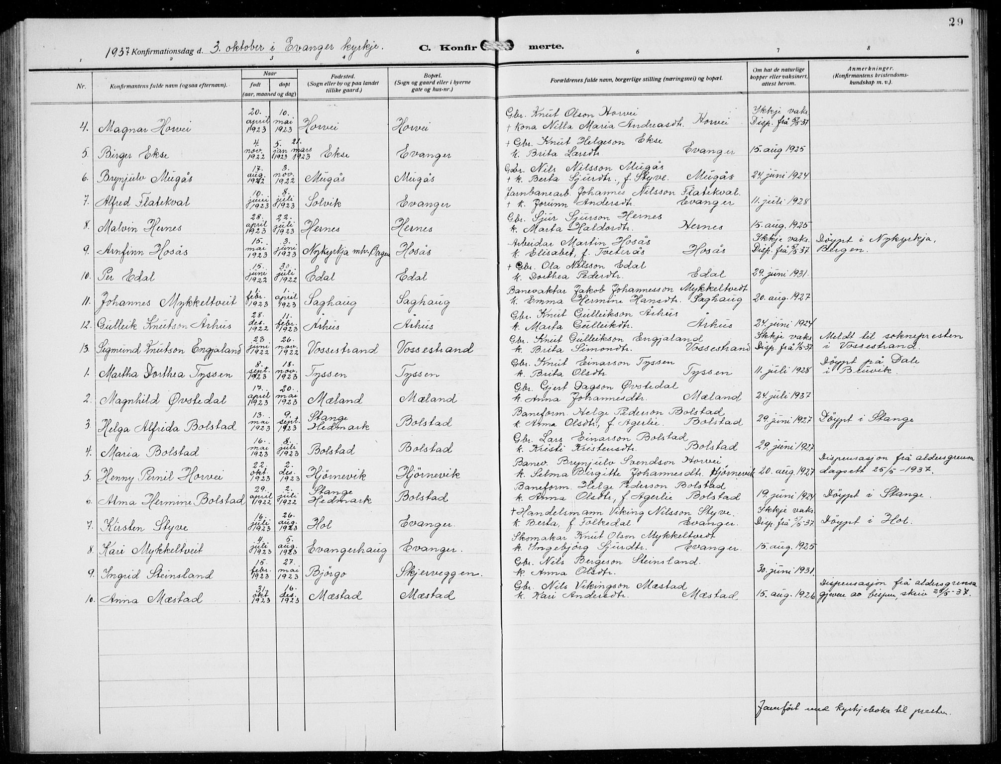 Evanger sokneprestembete, AV/SAB-A-99924: Parish register (copy) no. A 6, 1918-1941, p. 29