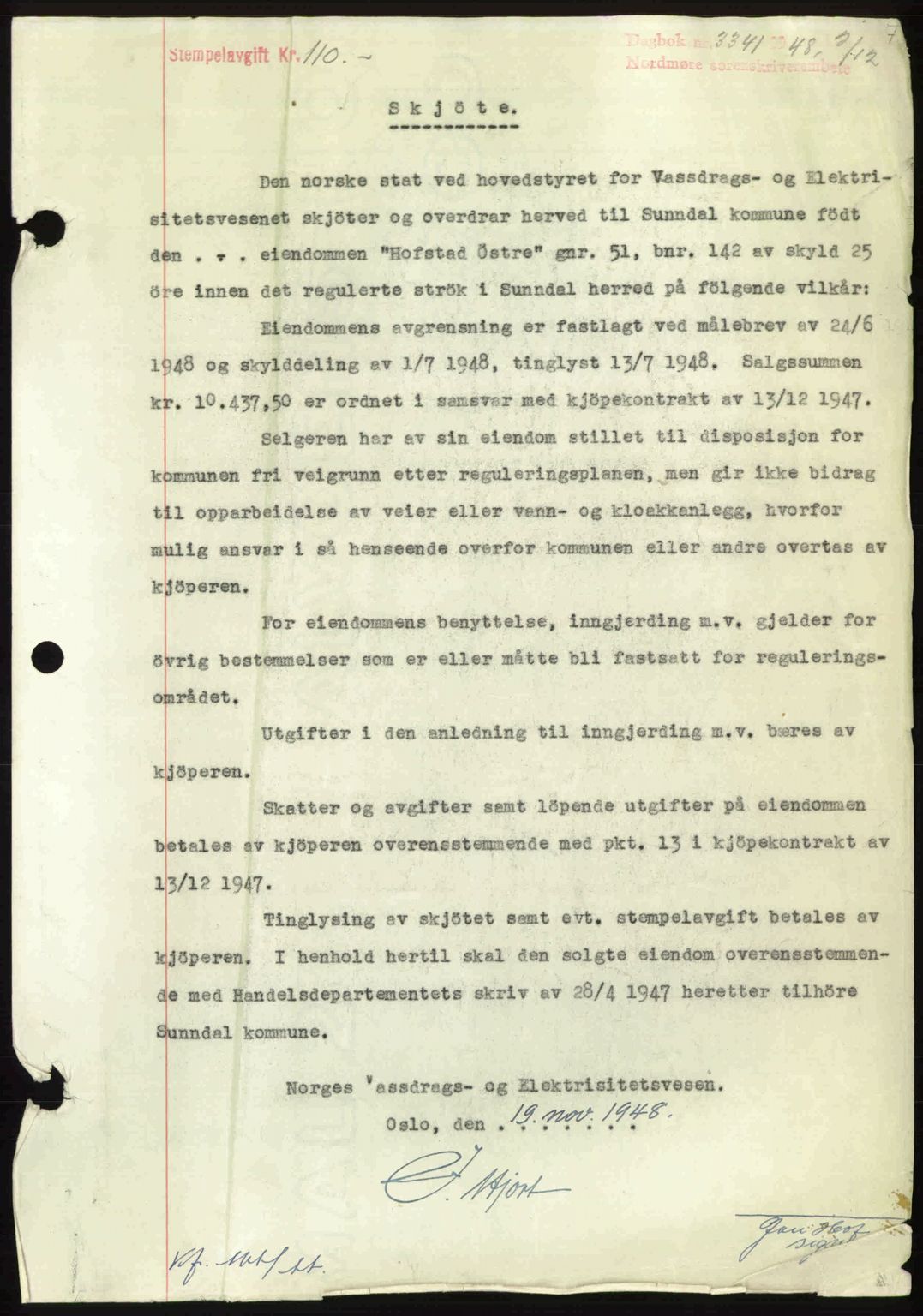 Nordmøre sorenskriveri, AV/SAT-A-4132/1/2/2Ca: Mortgage book no. A110, 1948-1949, Diary no: : 3341/1948