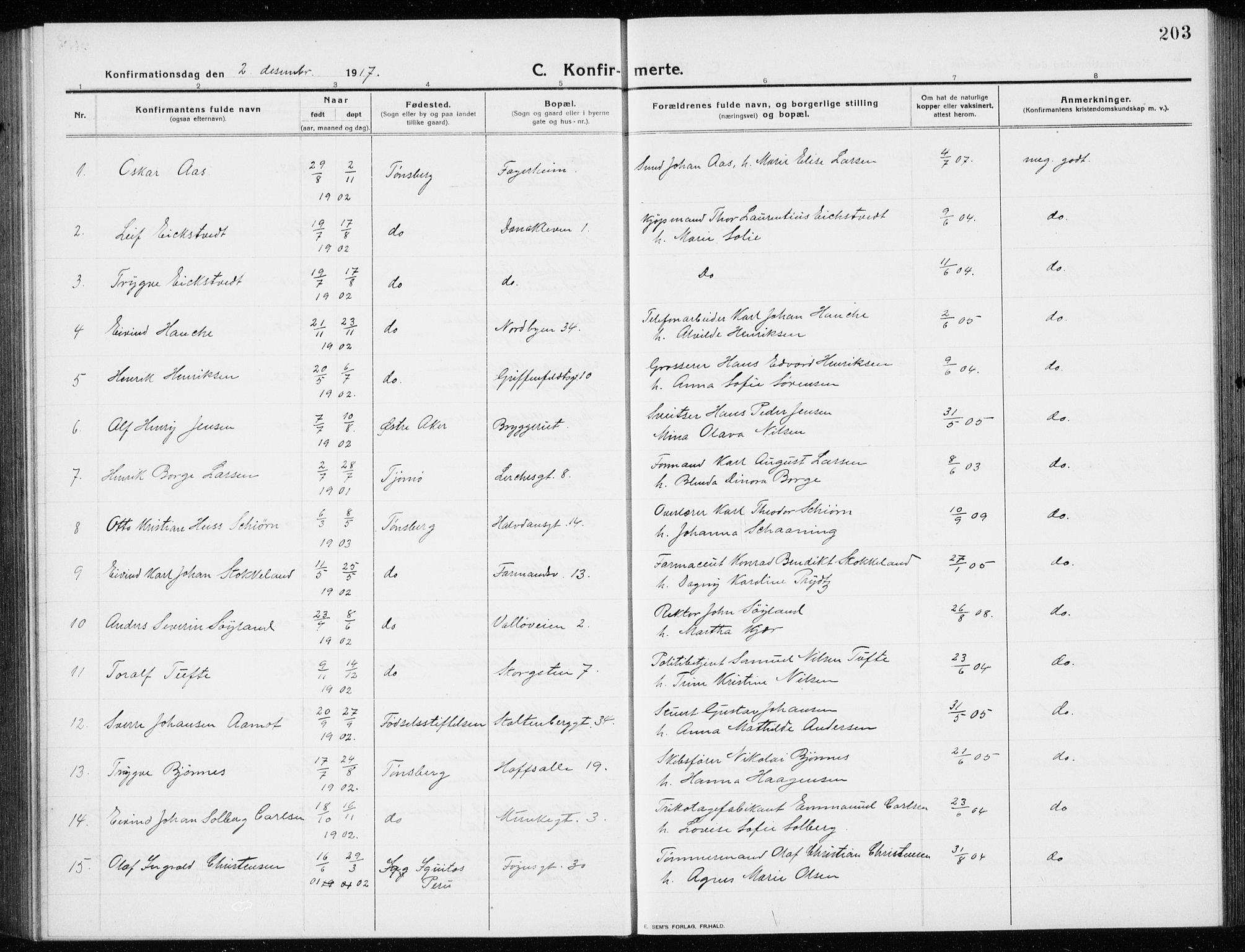 Tønsberg kirkebøker, AV/SAKO-A-330/G/Ga/L0009: Parish register (copy) no. 9, 1913-1920, p. 203