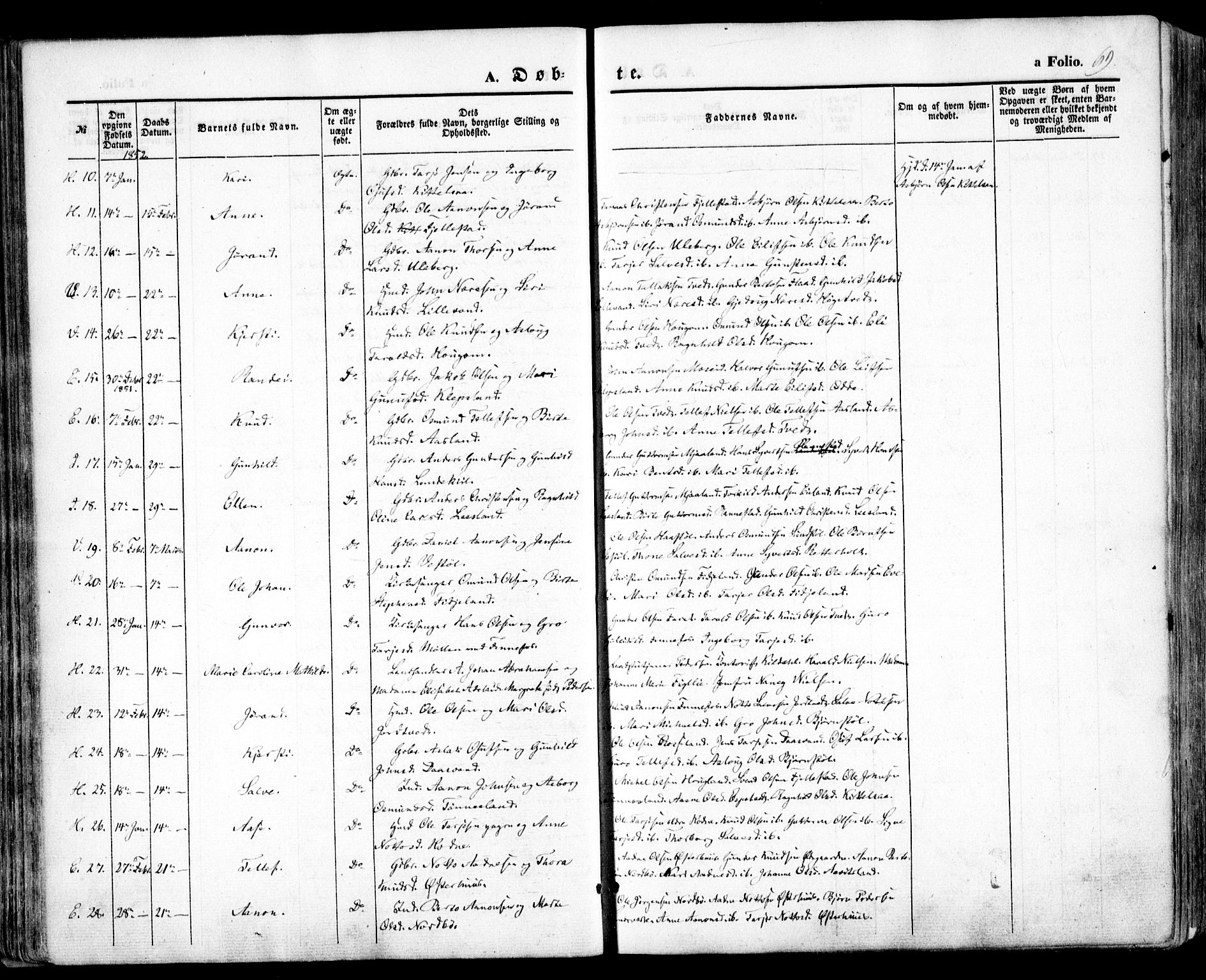 Evje sokneprestkontor, AV/SAK-1111-0008/F/Fa/Faa/L0005: Parish register (official) no. A 5, 1843-1865, p. 69