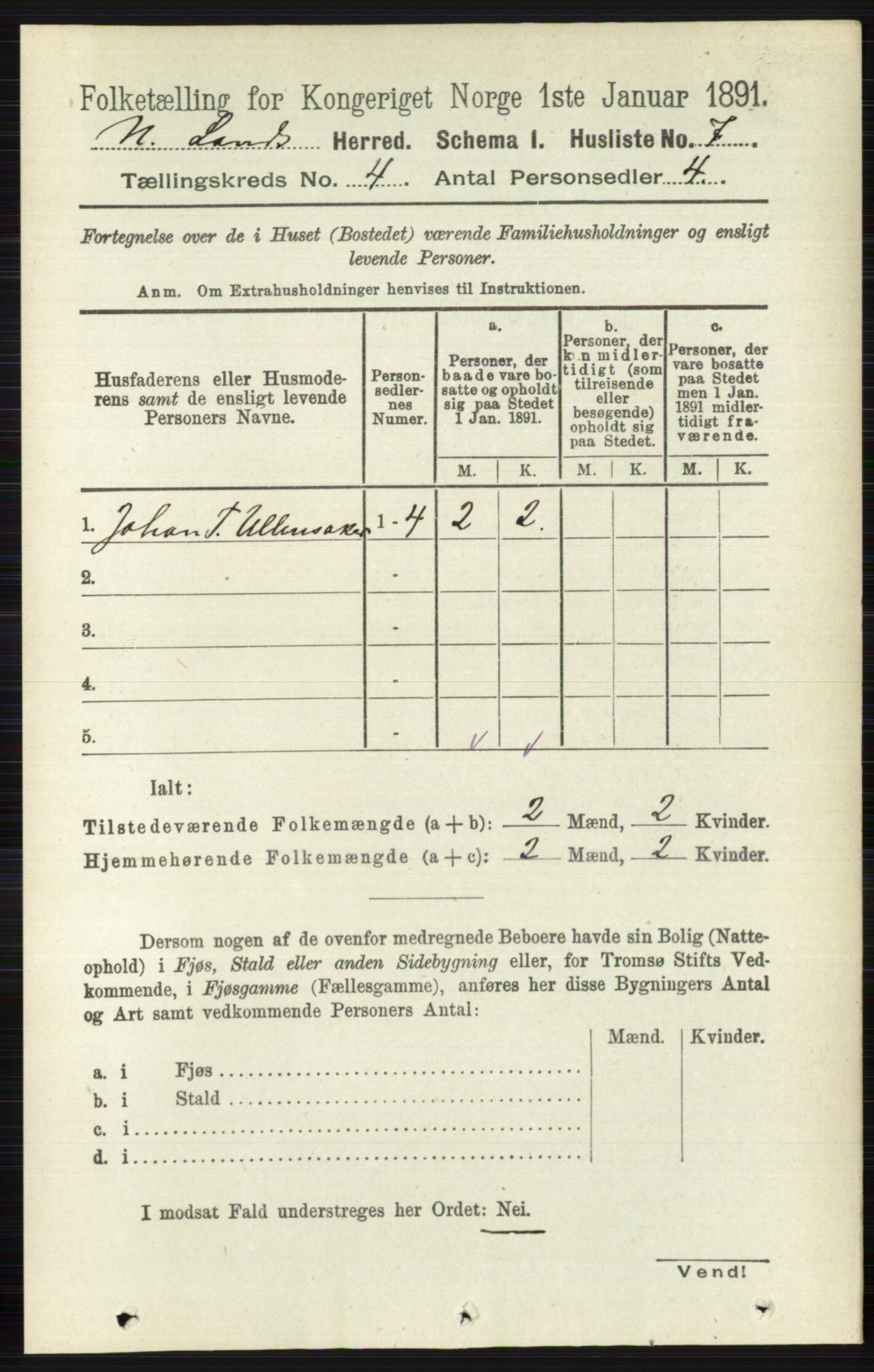 RA, 1891 census for 0538 Nordre Land, 1891, p. 1312