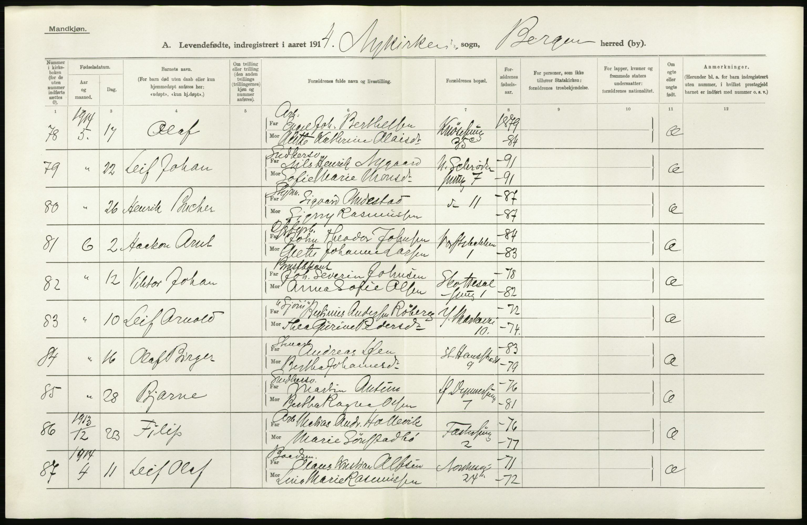 Statistisk sentralbyrå, Sosiodemografiske emner, Befolkning, AV/RA-S-2228/D/Df/Dfb/Dfbd/L0030: Bergen: Levendefødte menn og kvinner., 1914, p. 20