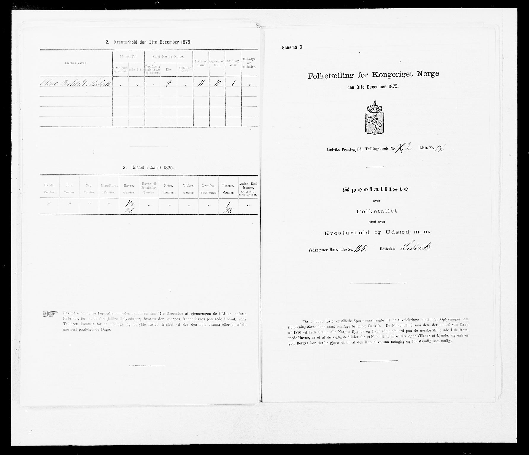 SAB, 1875 census for 1415P Lavik, 1875, p. 155