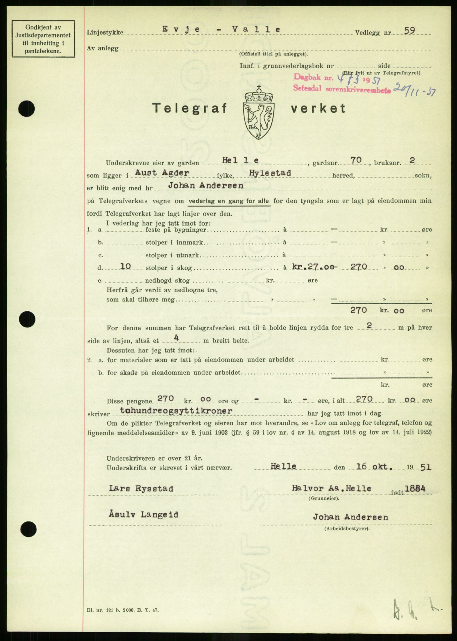 Setesdal sorenskriveri, SAK/1221-0011/G/Gb/L0050: Mortgage book no. B 38, 1949-1952, Diary no: : 473/1951