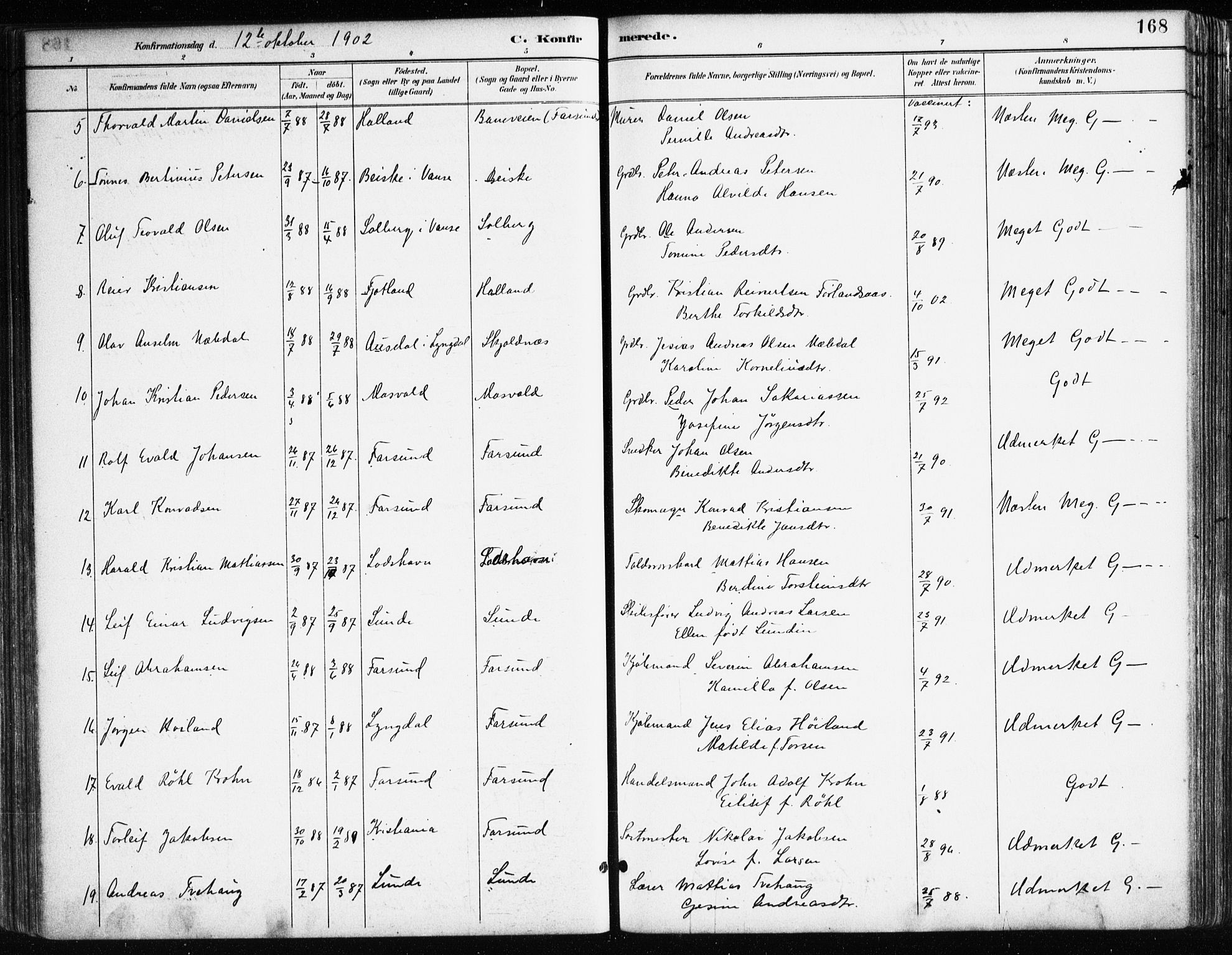 Farsund sokneprestkontor, AV/SAK-1111-0009/F/Fa/L0006: Parish register (official) no. A 6, 1887-1920, p. 168