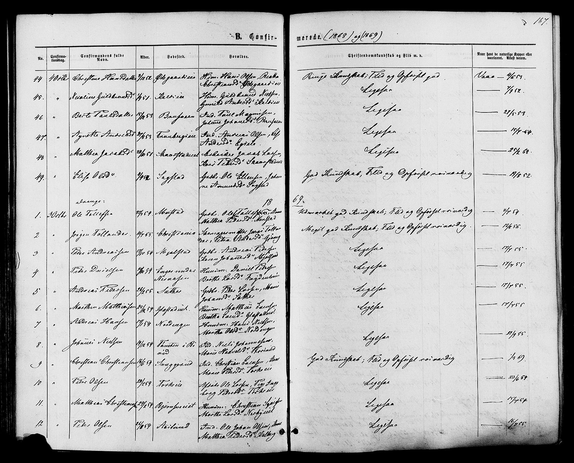 Vardal prestekontor, SAH/PREST-100/H/Ha/Haa/L0007: Parish register (official) no. 7, 1867-1878, p. 167