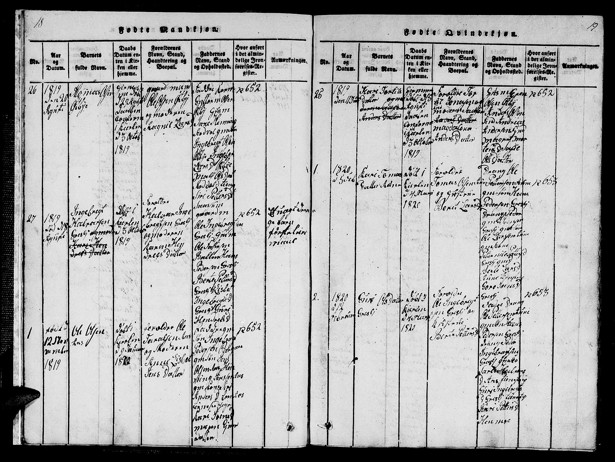 Ministerialprotokoller, klokkerbøker og fødselsregistre - Sør-Trøndelag, SAT/A-1456/698/L1164: Parish register (copy) no. 698C01, 1816-1861, p. 18-19