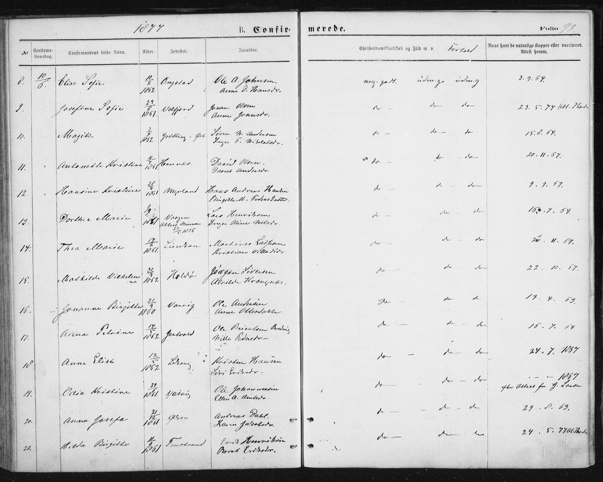 Ministerialprotokoller, klokkerbøker og fødselsregistre - Nordland, SAT/A-1459/888/L1243: Parish register (official) no. 888A09, 1876-1879, p. 98