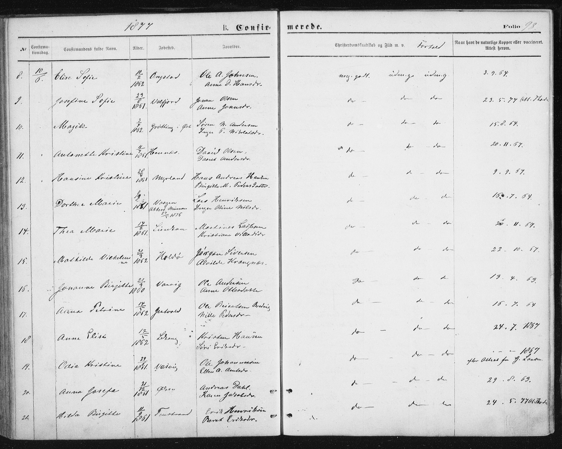 Ministerialprotokoller, klokkerbøker og fødselsregistre - Nordland, AV/SAT-A-1459/888/L1243: Parish register (official) no. 888A09, 1876-1879, p. 98