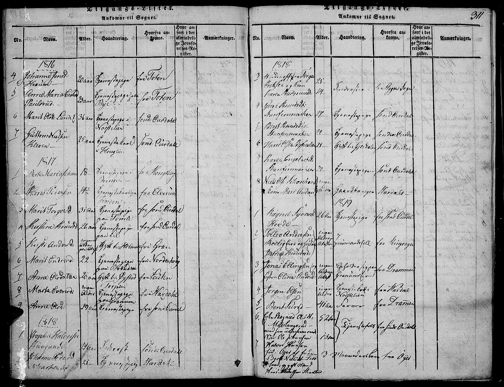 Land prestekontor, SAH/PREST-120/H/Ha/Haa/L0007: Parish register (official) no. 7, 1814-1830, p. 311