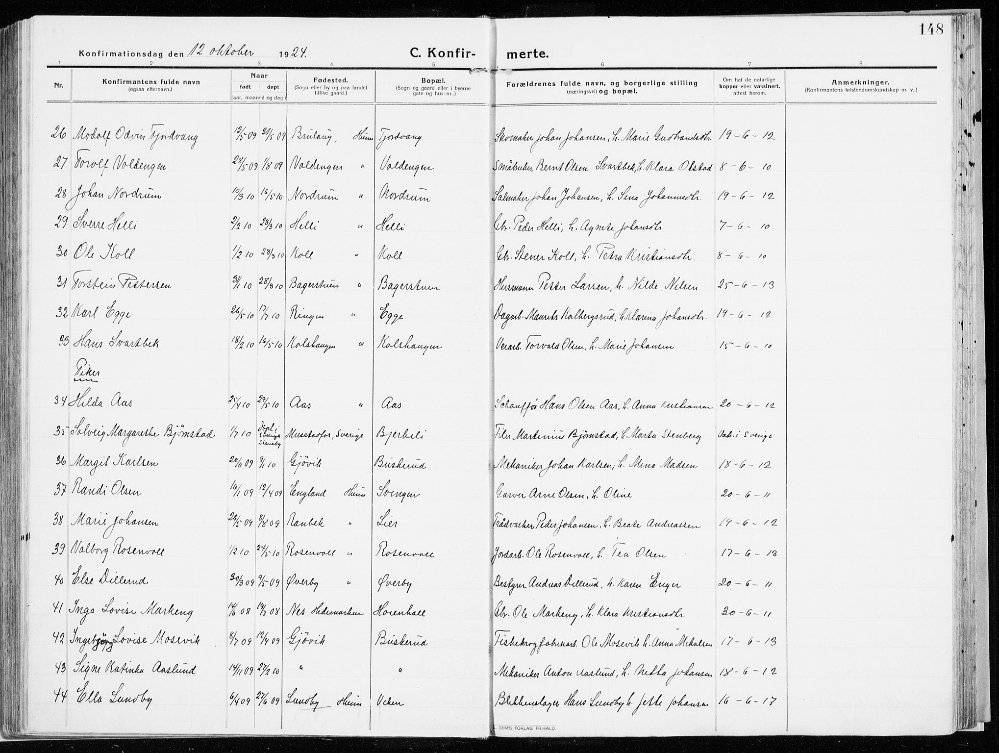 Vardal prestekontor, AV/SAH-PREST-100/H/Ha/Haa/L0017: Parish register (official) no. 17, 1915-1929, p. 148