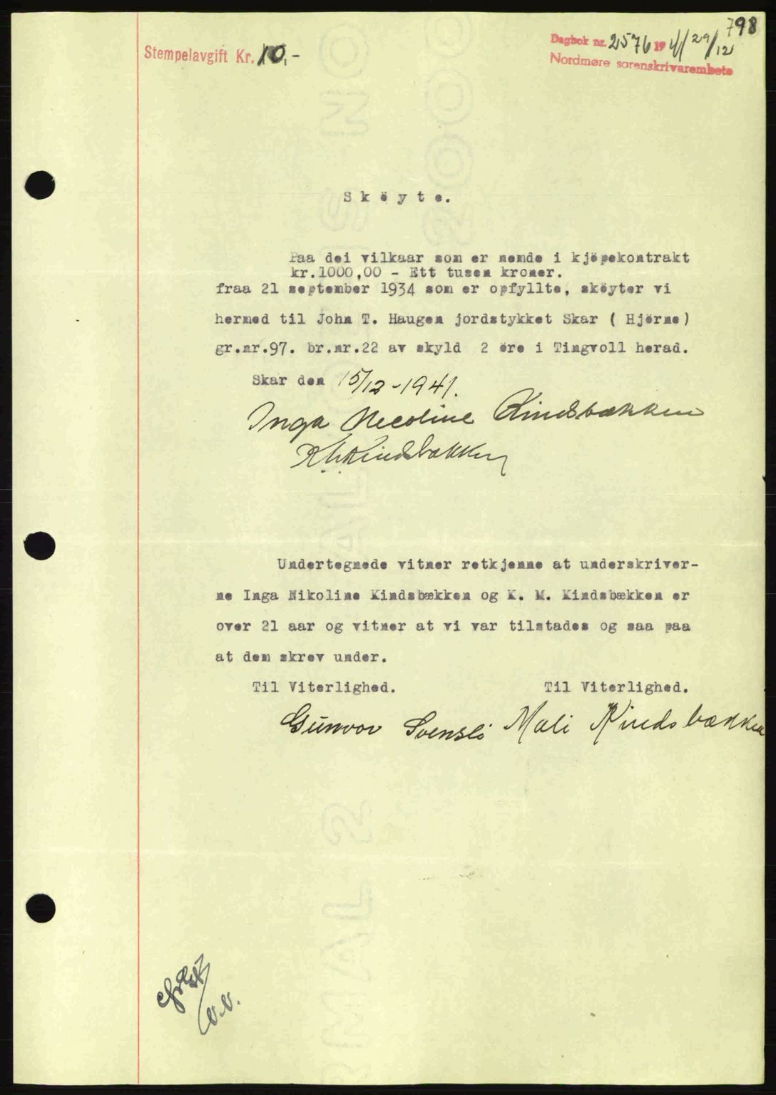 Nordmøre sorenskriveri, AV/SAT-A-4132/1/2/2Ca: Mortgage book no. A91, 1941-1942, Diary no: : 2576/1941