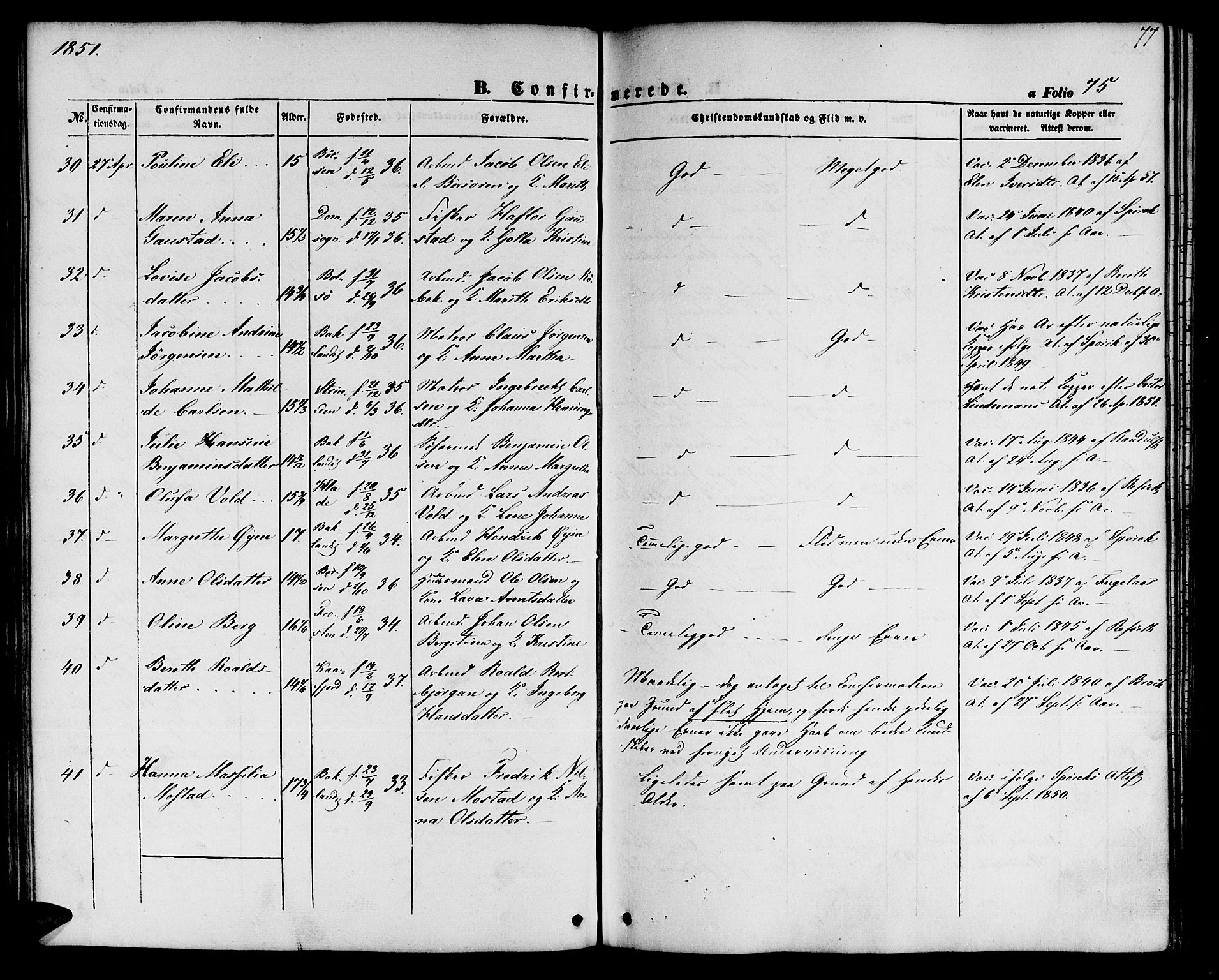 Ministerialprotokoller, klokkerbøker og fødselsregistre - Sør-Trøndelag, AV/SAT-A-1456/604/L0184: Parish register (official) no. 604A05, 1851-1860, p. 77