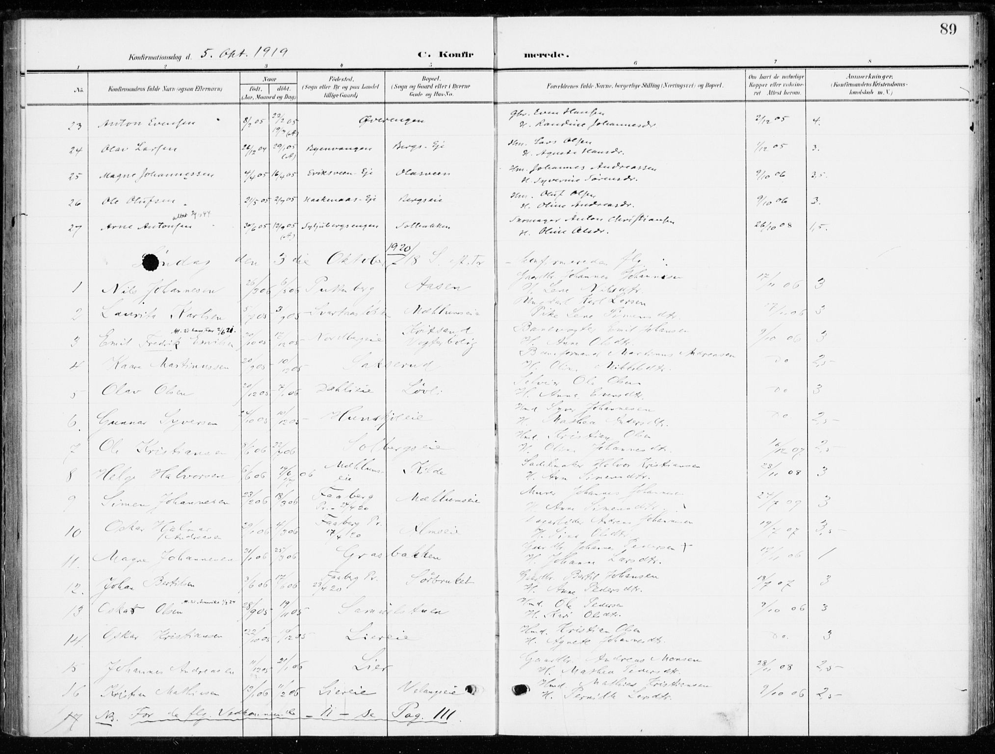 Ringsaker prestekontor, SAH/PREST-014/K/Ka/L0021: Parish register (official) no. 21, 1905-1920, p. 89