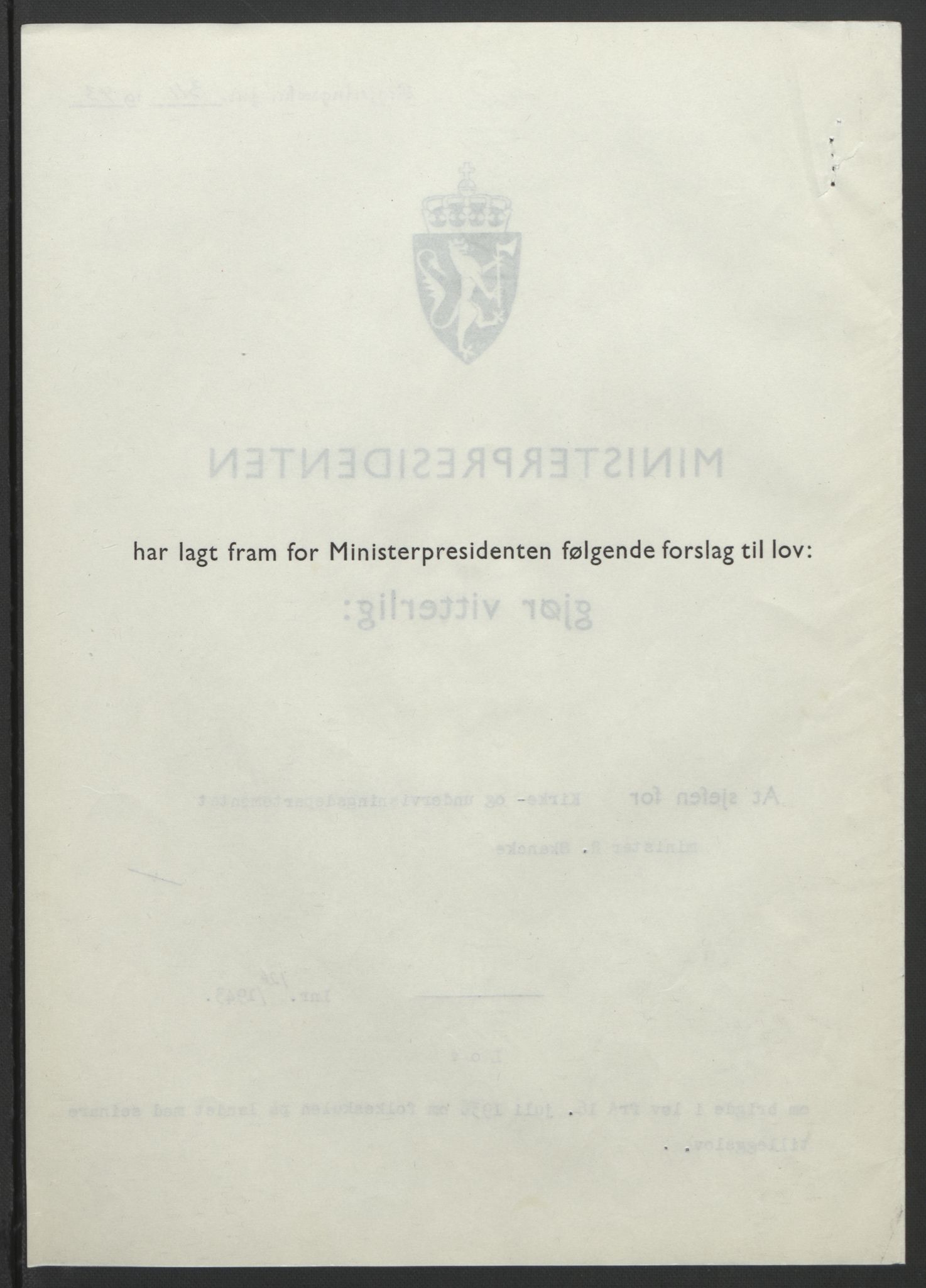 NS-administrasjonen 1940-1945 (Statsrådsekretariatet, de kommisariske statsråder mm), AV/RA-S-4279/D/Db/L0099: Lover, 1943, p. 585