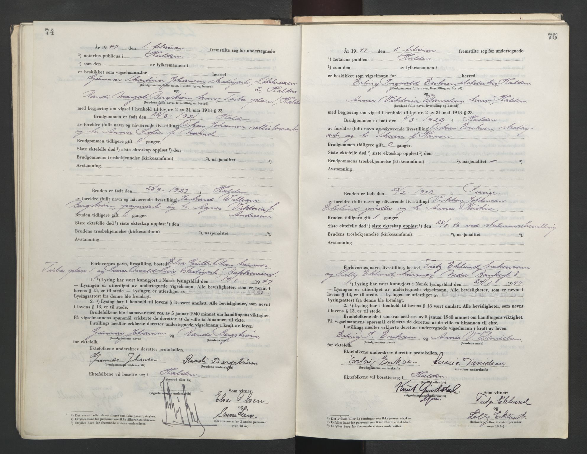 Idd og Marker sorenskriveri, AV/SAO-A-10283/L/Lc/L0001/0004: Vigselsbøker / Vigselsbok, 1945-1949, p. 74-75