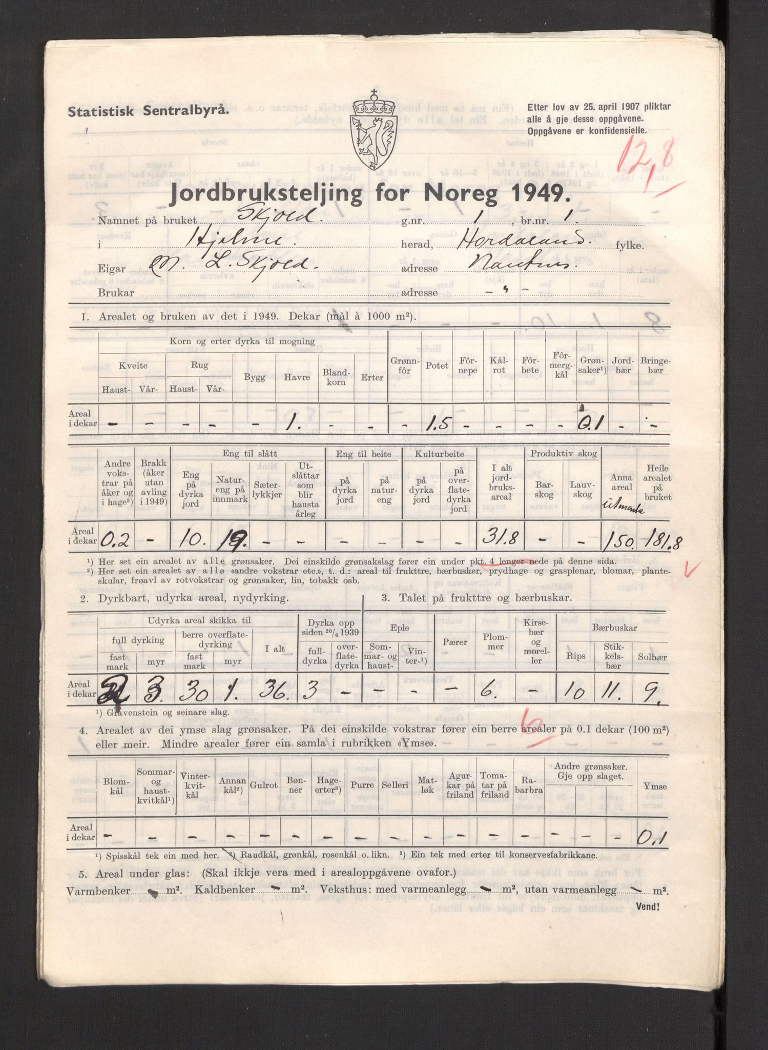 Statistisk sentralbyrå, Næringsøkonomiske emner, Jordbruk, skogbruk, jakt, fiske og fangst, AV/RA-S-2234/G/Gc/L0276: Hordaland: Herdla og Hjelme, 1949, p. 1312