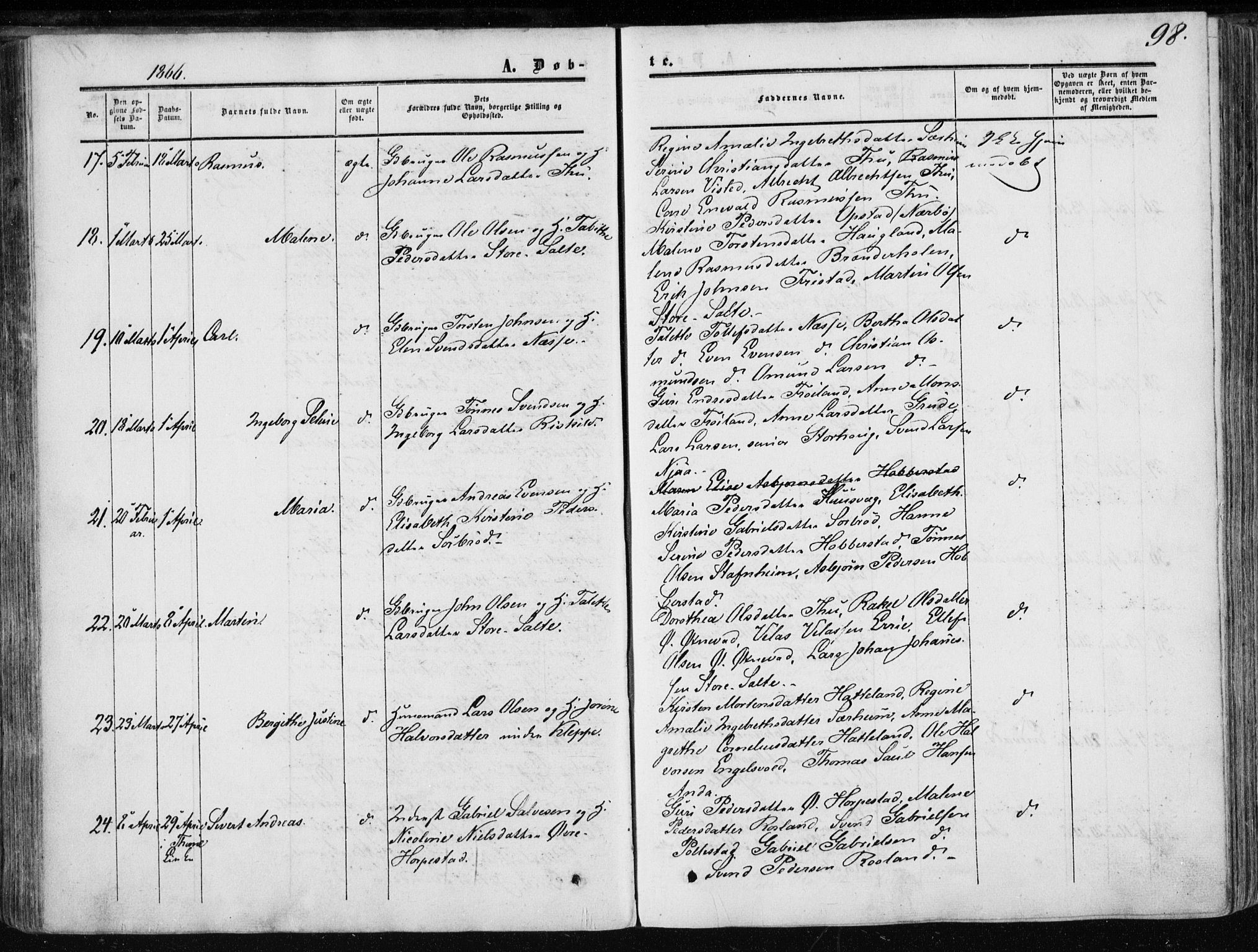 Klepp sokneprestkontor, SAST/A-101803/001/3/30BA/L0005: Parish register (official) no. A 5, 1853-1870, p. 98