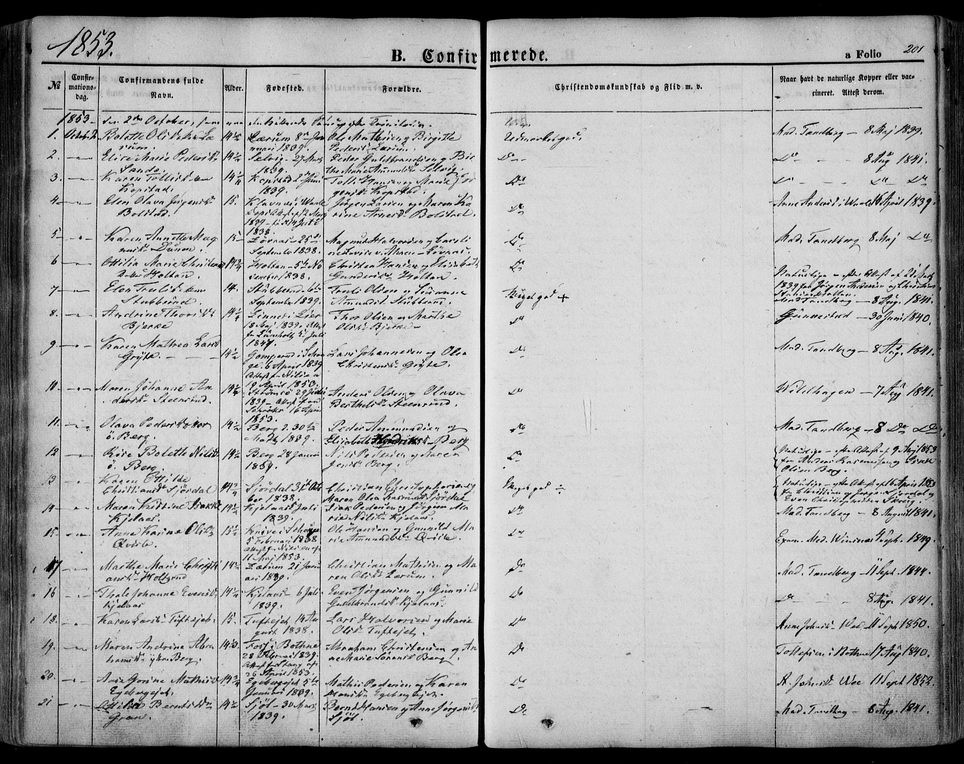 Sande Kirkebøker, AV/SAKO-A-53/F/Fa/L0004: Parish register (official) no. 4, 1847-1864, p. 201