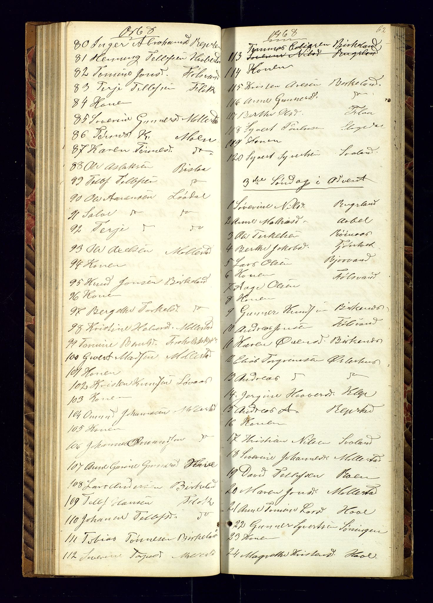 Birkenes sokneprestkontor, AV/SAK-1111-0004/F/Fc/L0005: Communicants register no. C-5, 1866-1872, p. 62